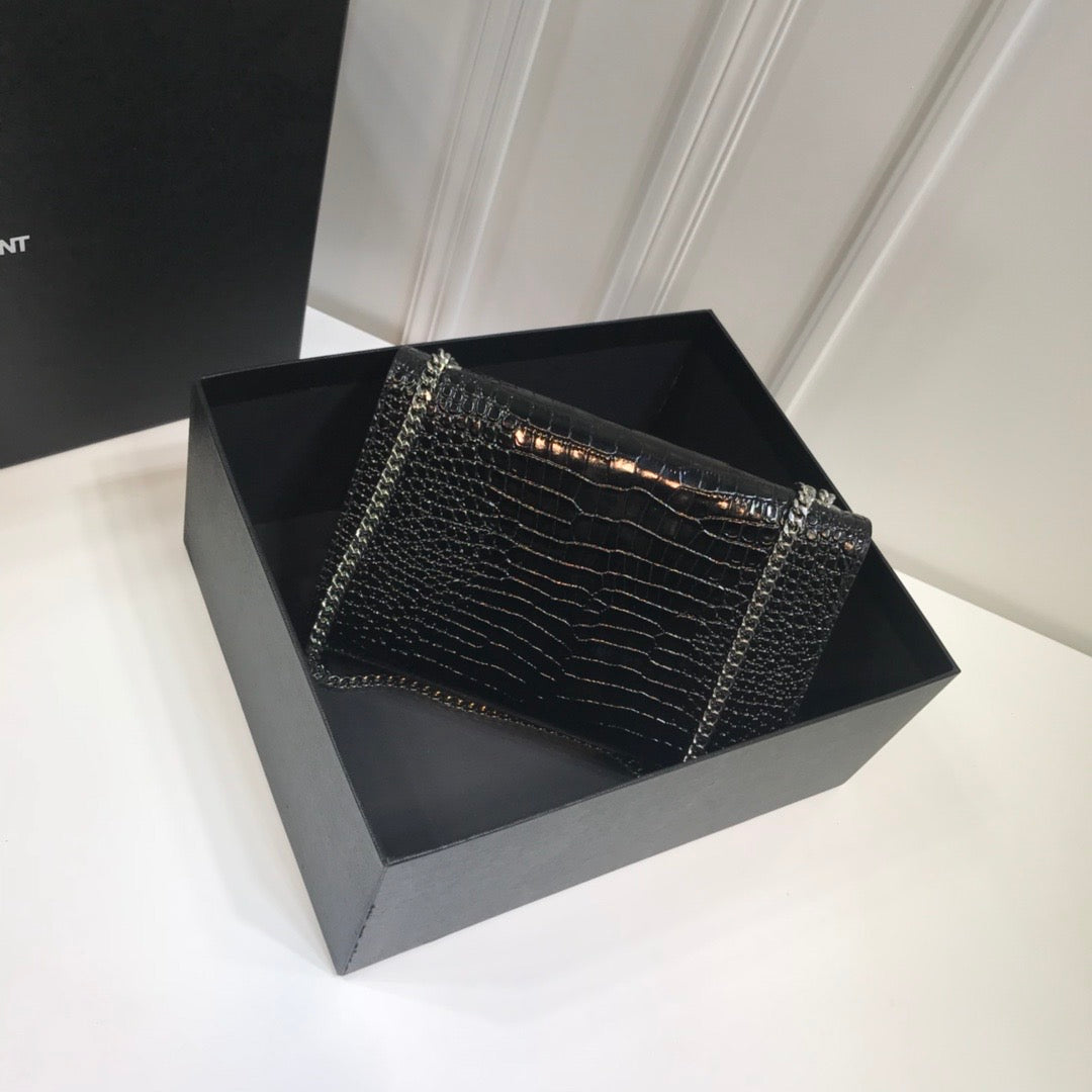 YSL Saint Laurent Kate Tassel Embossed Crocodile 9in Black Medium Chain Handbag Ysl 354119Dnd0N1000