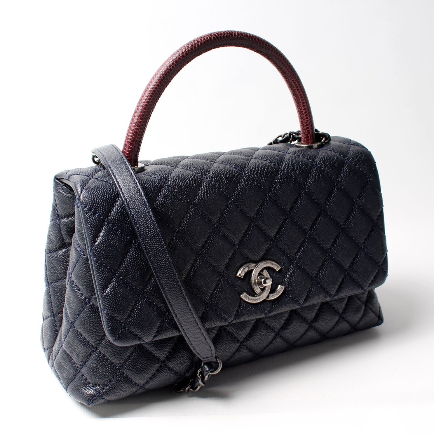 Chanel Flap Lizard Embossed Top Handle Caviar Handbag