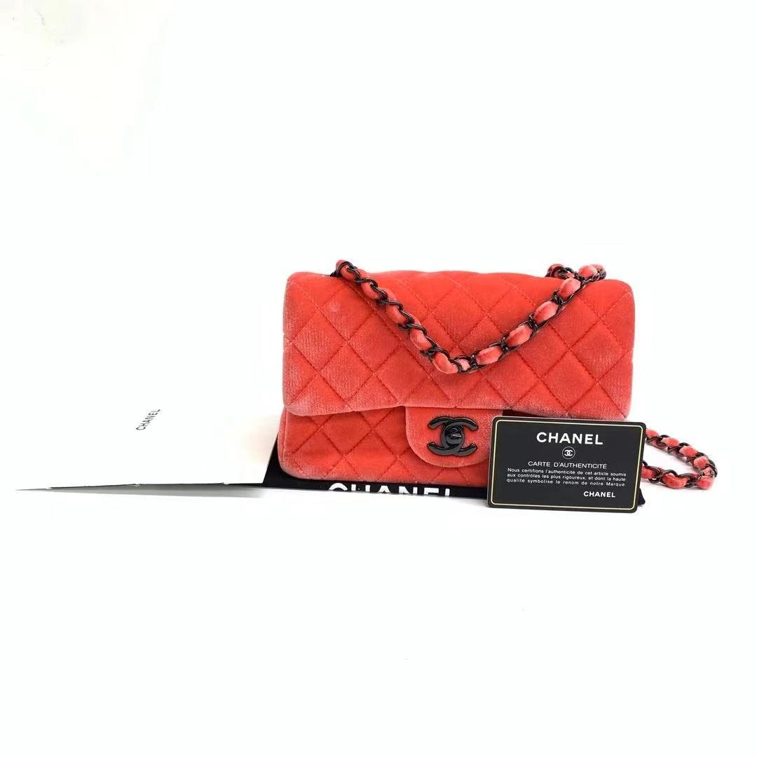Chanel Classic Flap Coral Velvet Hardware Black Pink Mini Bag