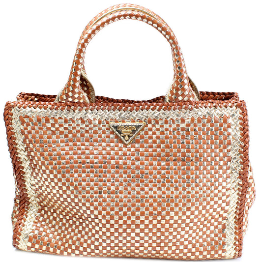 Prada Madras Satchel Bag Woven Travel Bag