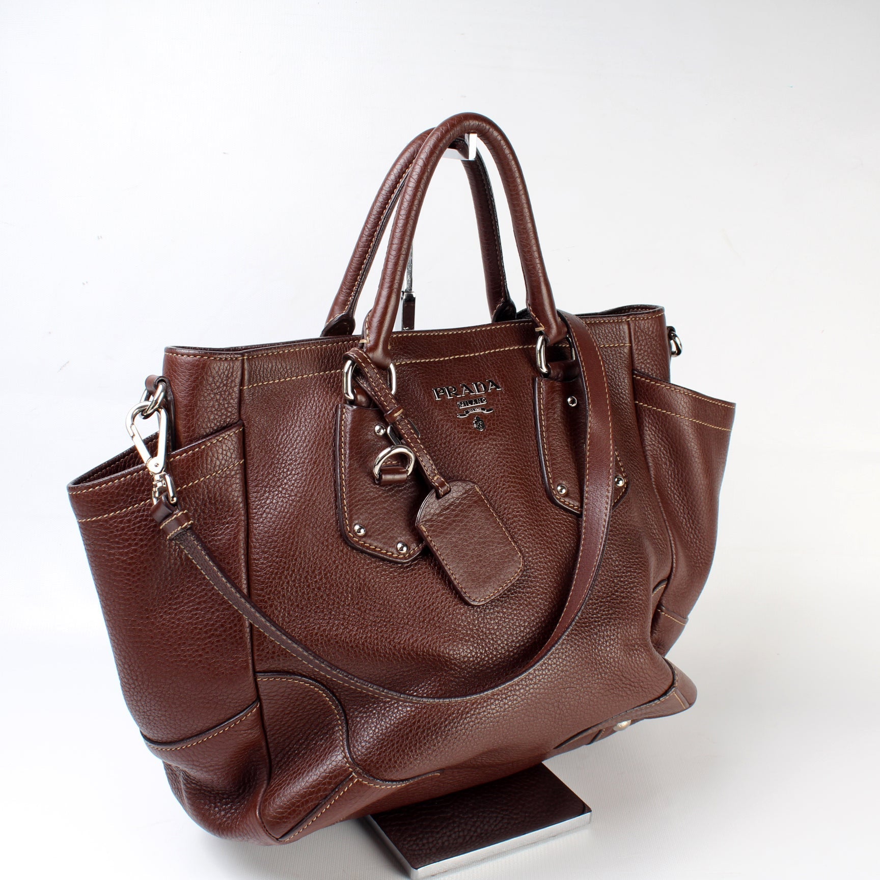 Prada Vitello Daino Side Pocket Tote Bag Leather