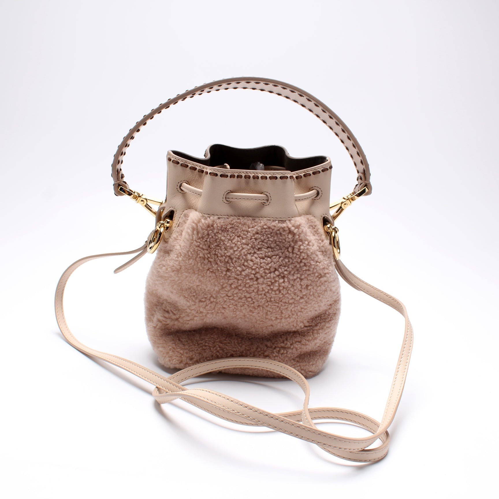 Fendi 8Bs010 Mon Tresor Ff Shearling Bag Mini Bucket Bucket Bag