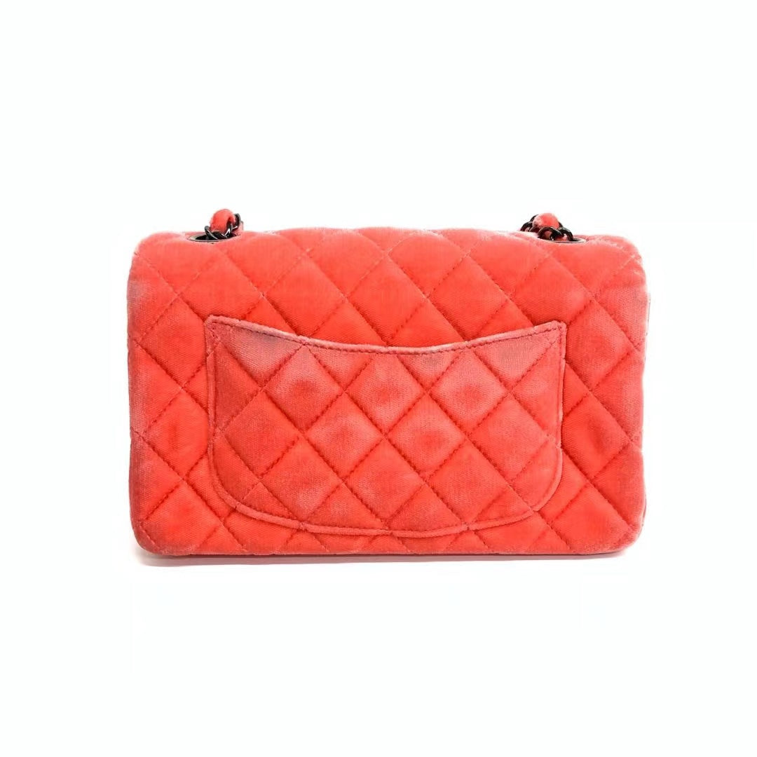 Chanel Classic Flap Coral Velvet Hardware Black Pink Mini Bag