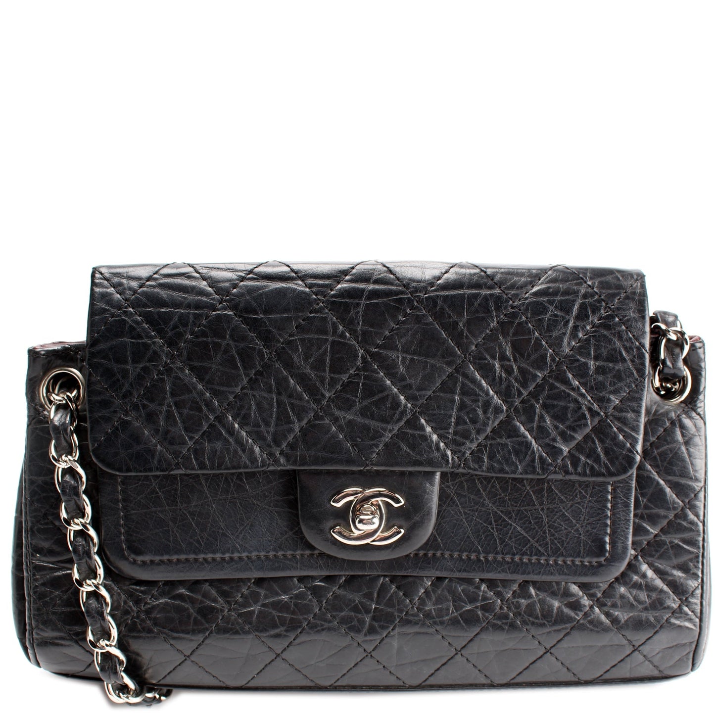 Chanel CC Accordion Double Flap Distressed Calfskin Handbag
