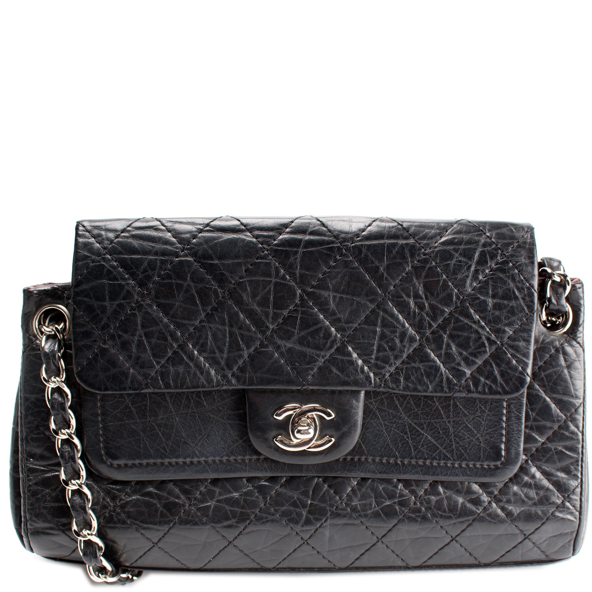 Chanel CC Accordion Double Flap Distressed Calfskin Handbag