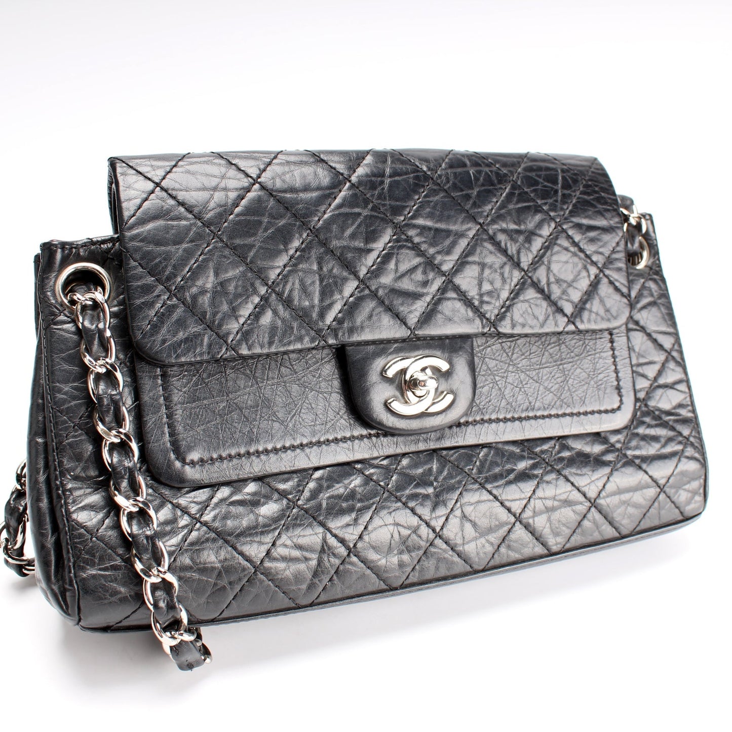 Chanel CC Accordion Double Flap Distressed Calfskin Handbag
