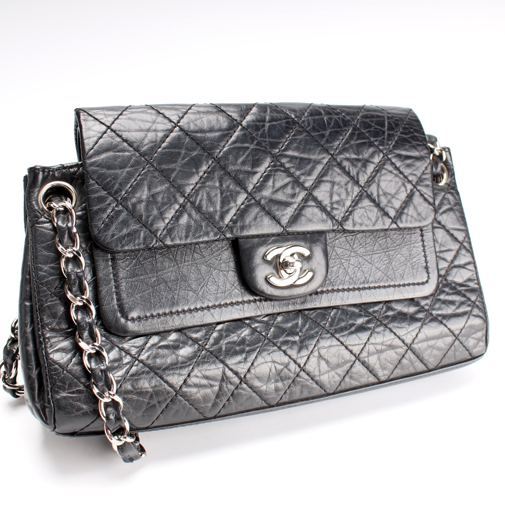 Chanel CC Accordion Double Flap Distressed Calfskin Handbag