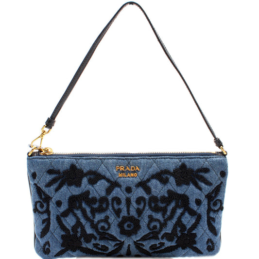 Prada Embroidered Wristlet Bag Denim Travel Bag