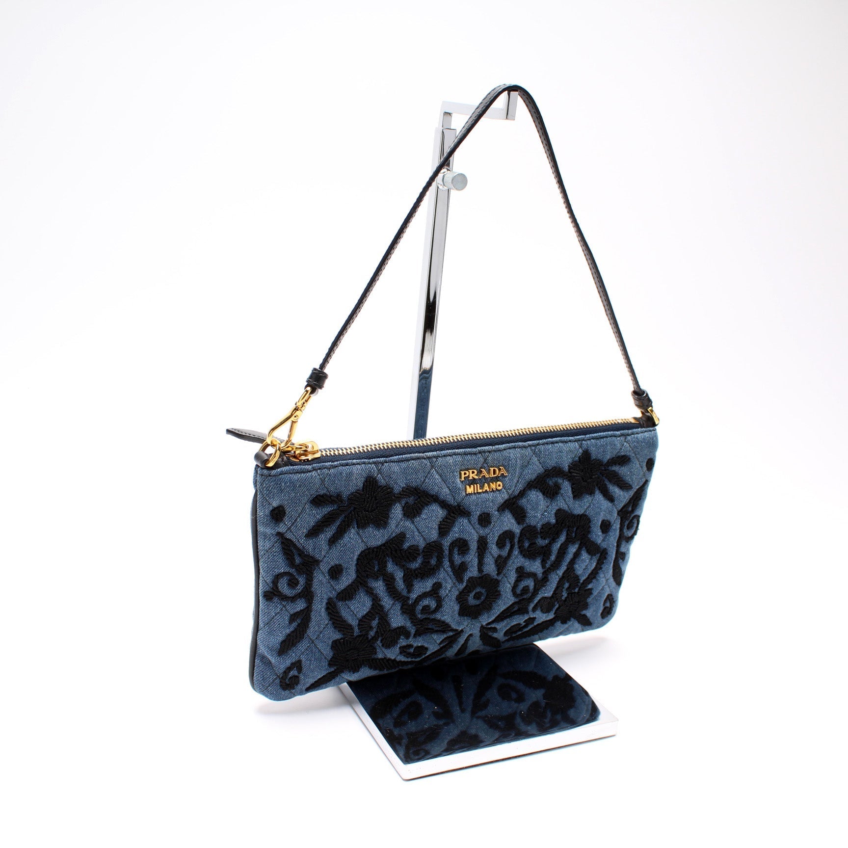 Prada Embroidered Wristlet Bag Denim Travel Bag