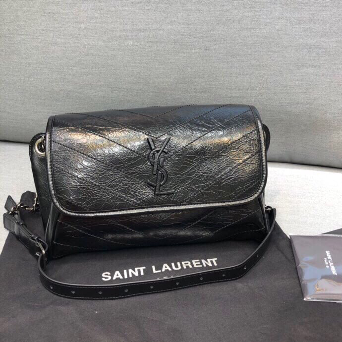 YSL Saint Laurent Niki Crinkled 11in 28cm Black Medium Shoulder Bag