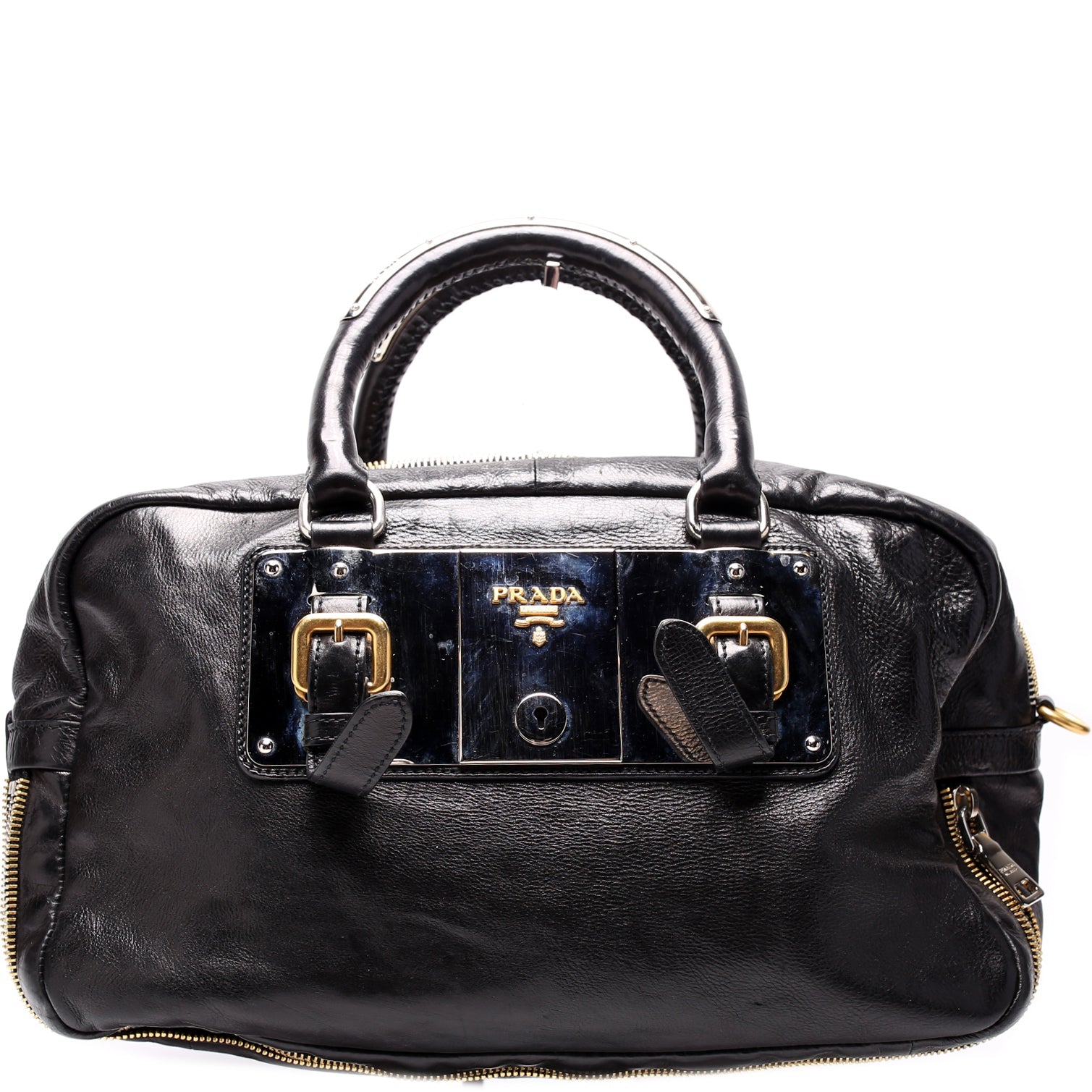 Prada Glace Calfskin Zippers Plaque Boston Bag Travel Bag