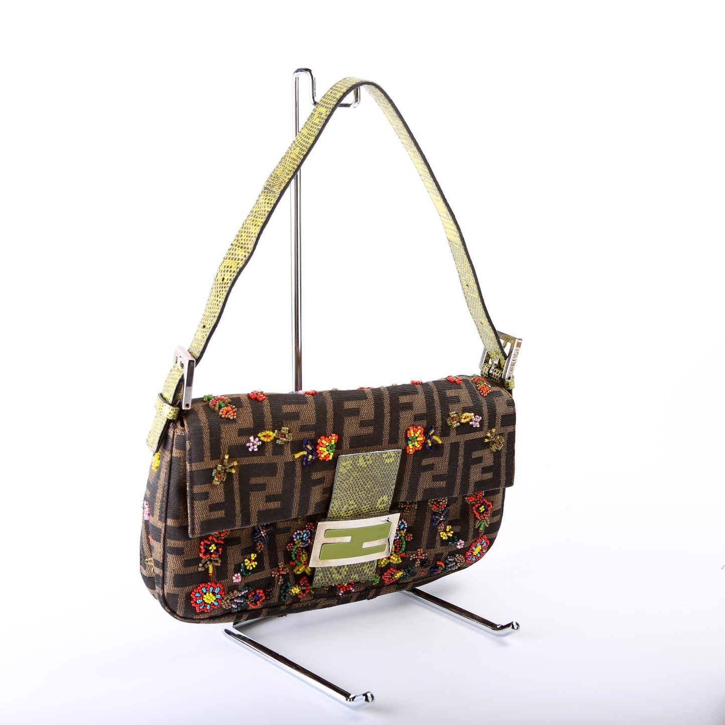 Fendi Baguette Beaded Flower Lizard Bag Shoulder Bag