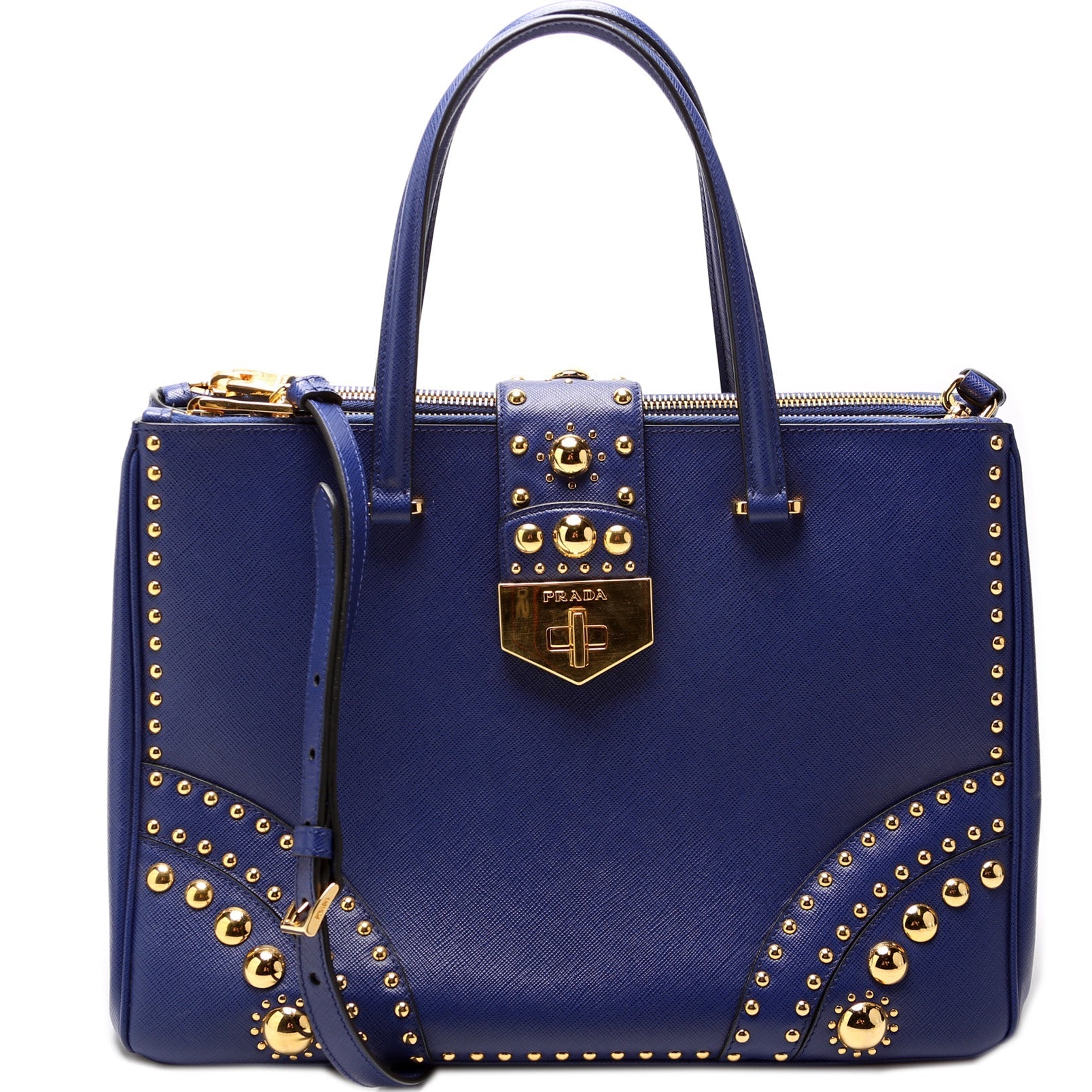 Prada Saffiano Turnlock Studded Double Zip Bag Medium Travel Bag