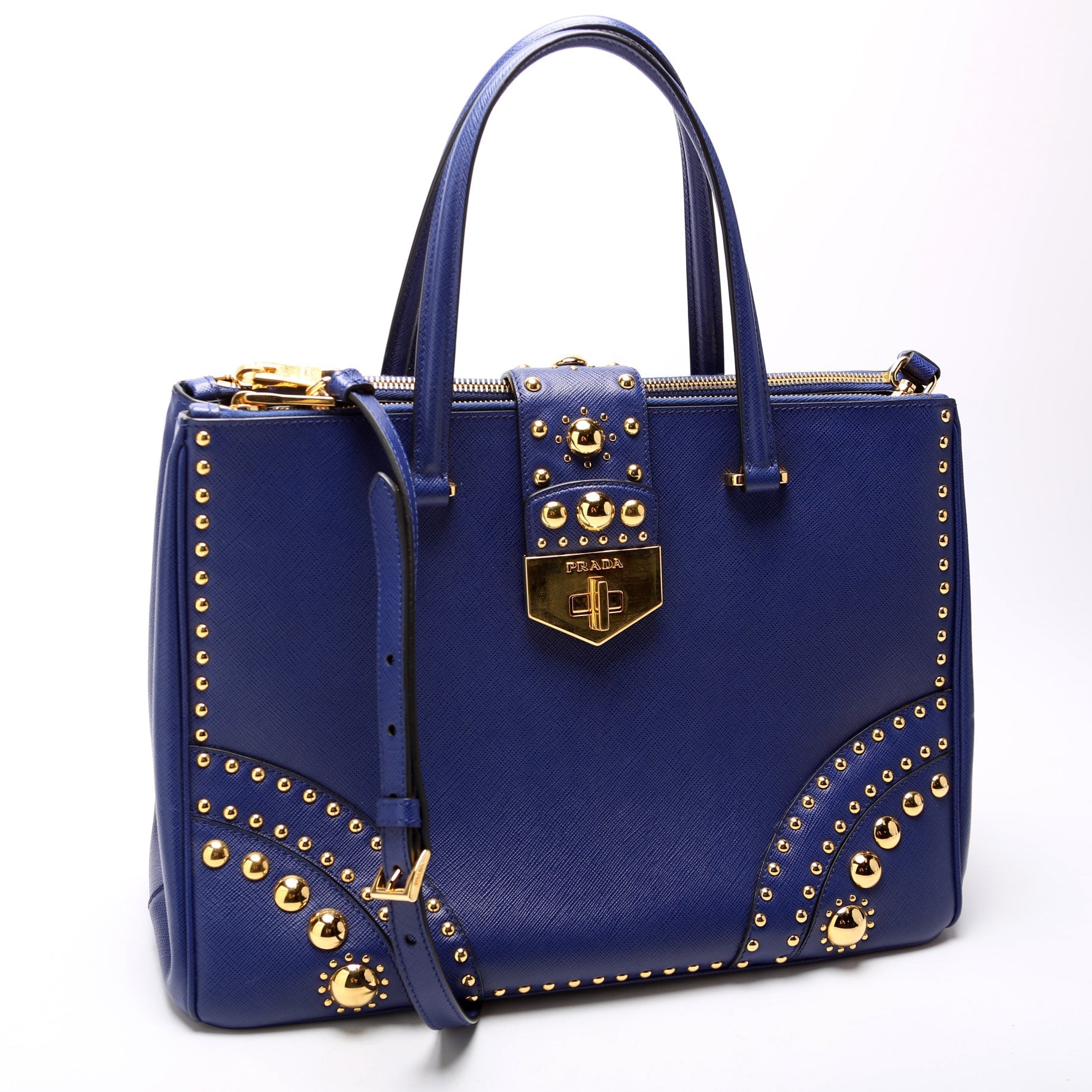 Prada Saffiano Turnlock Studded Double Zip Bag Medium Travel Bag