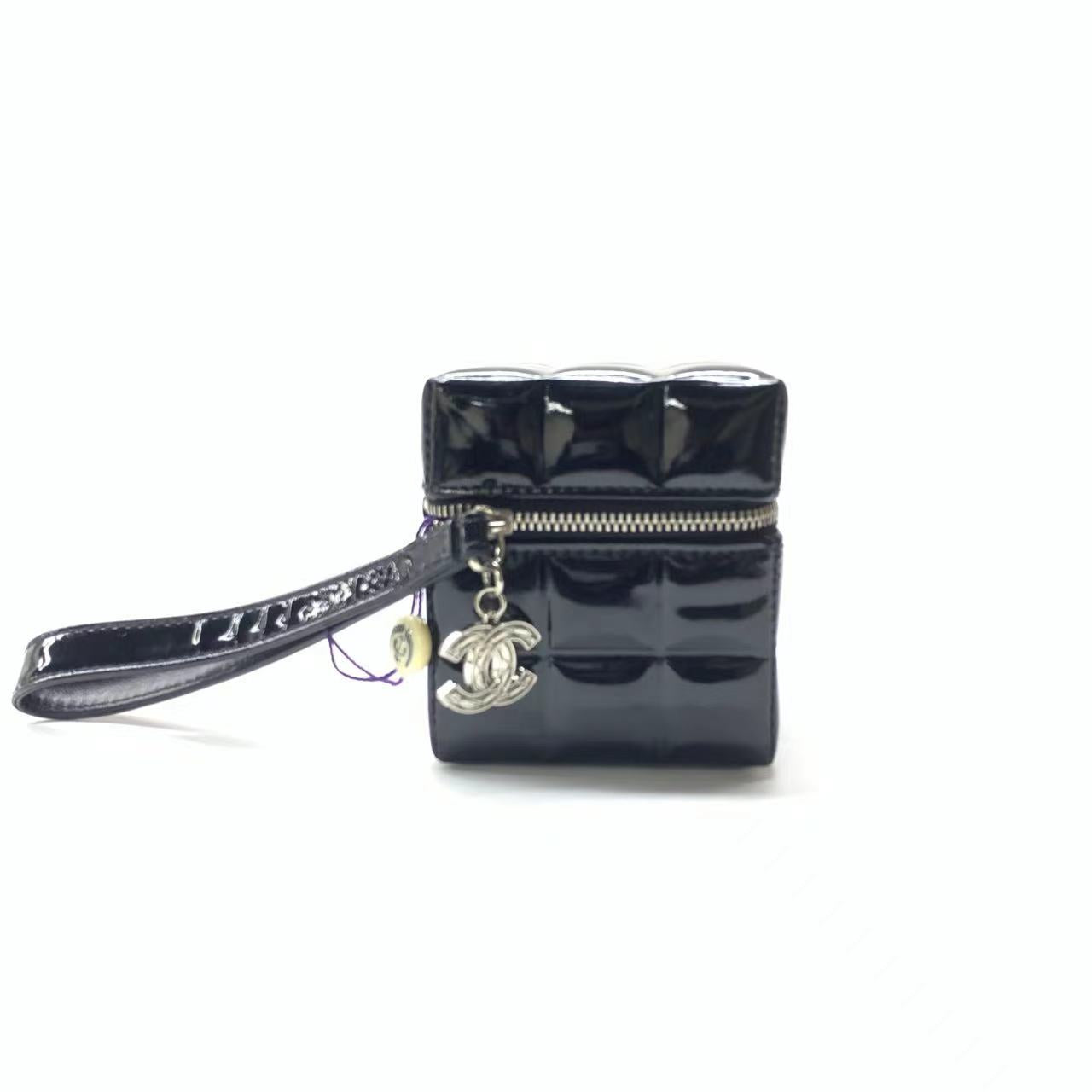 Chanel Patent Micro Quilt Cube Wristlet Black Leather Handbag