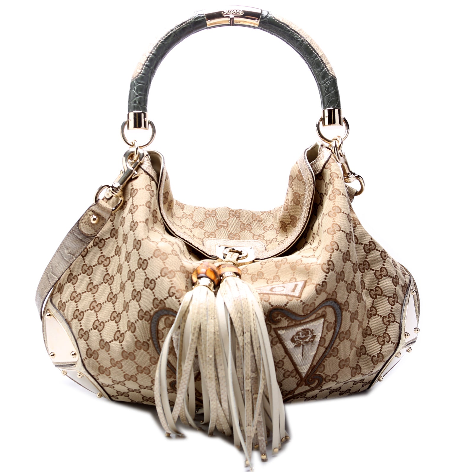 Gucci GG Crest Patchwork Indy Canvas Top Handle Shoulder Bag