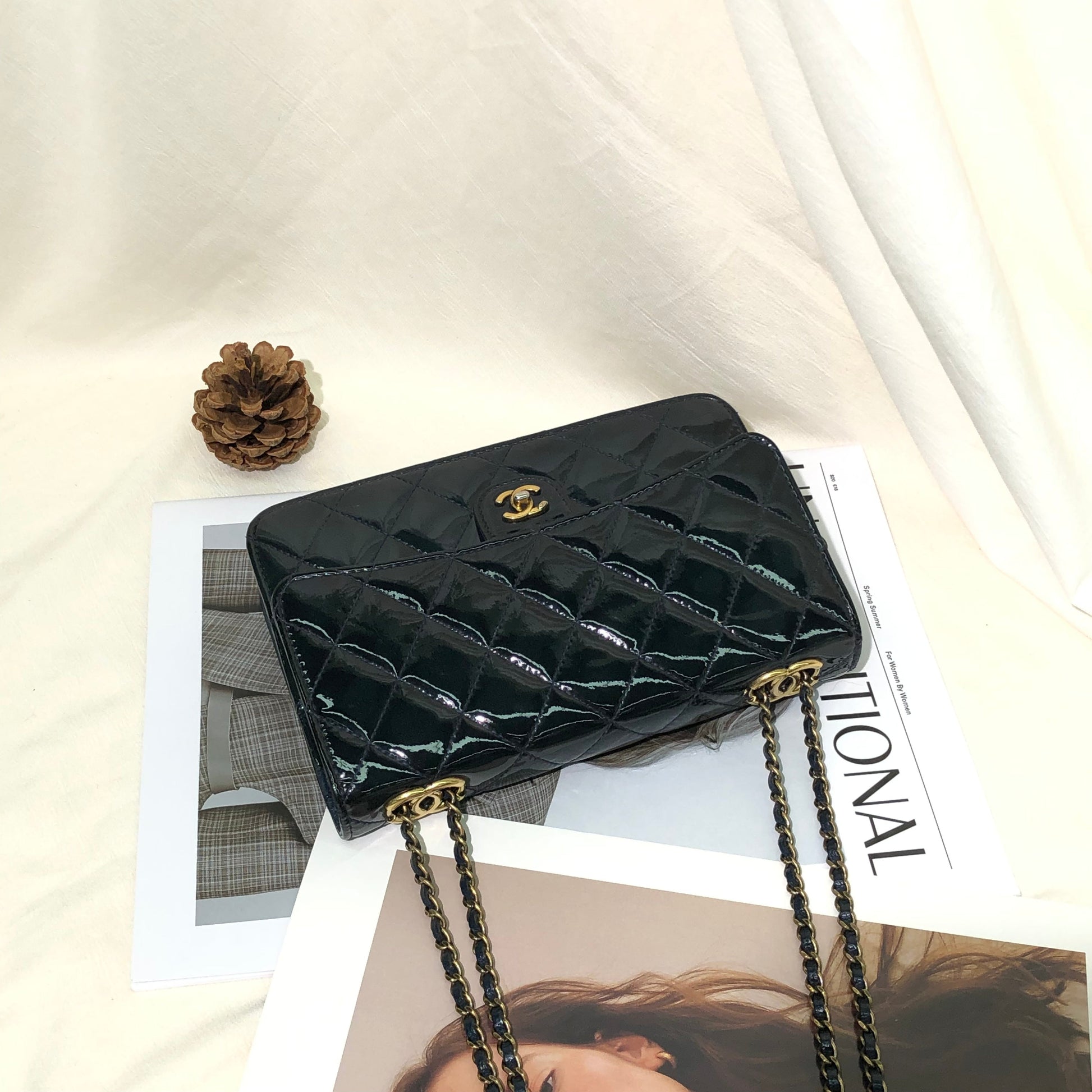 Chanel on Navy Patent -tone Double Gold Leather Wallet Case