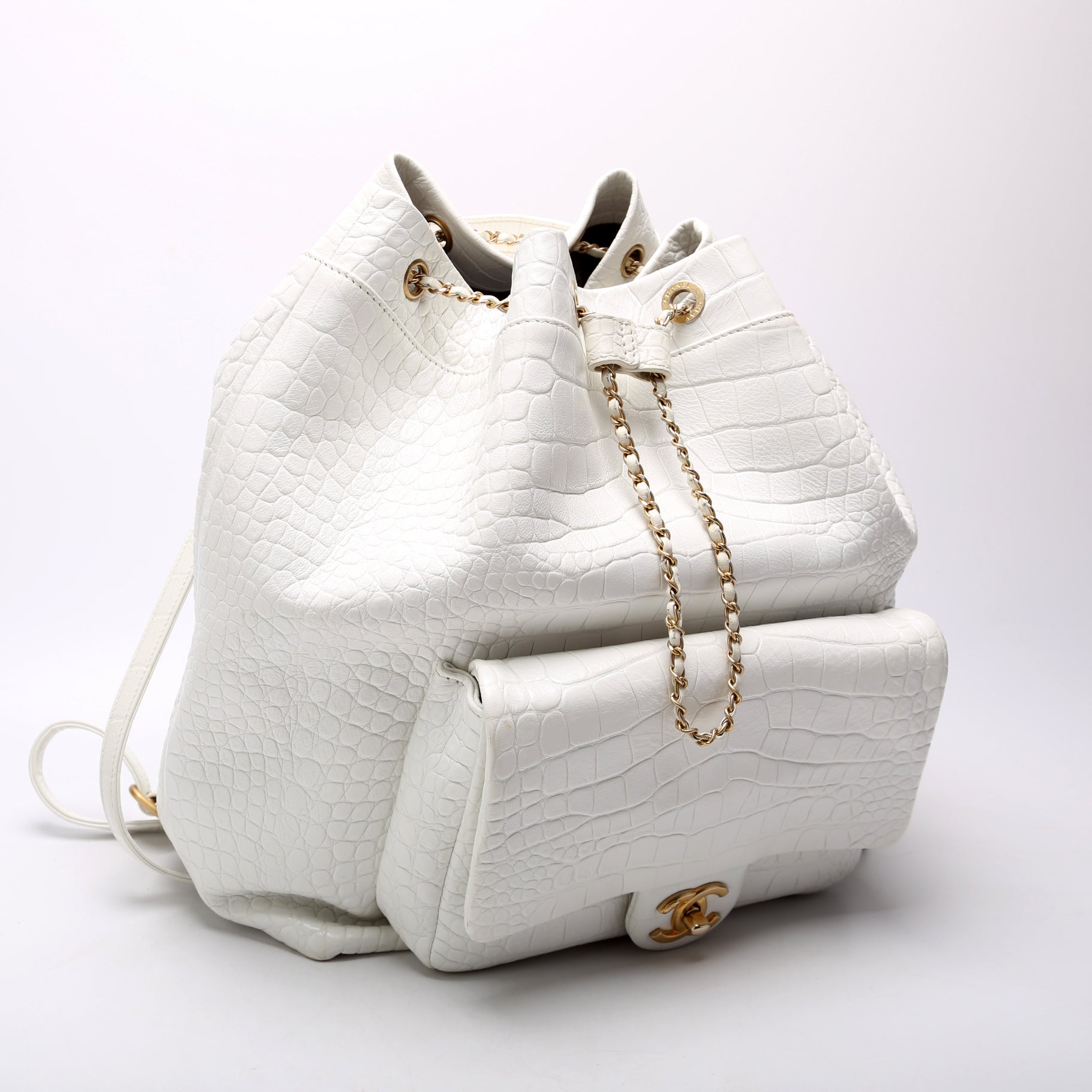 Chanel Drawstring Backpack Crocodile Embossed 28M Jewelry