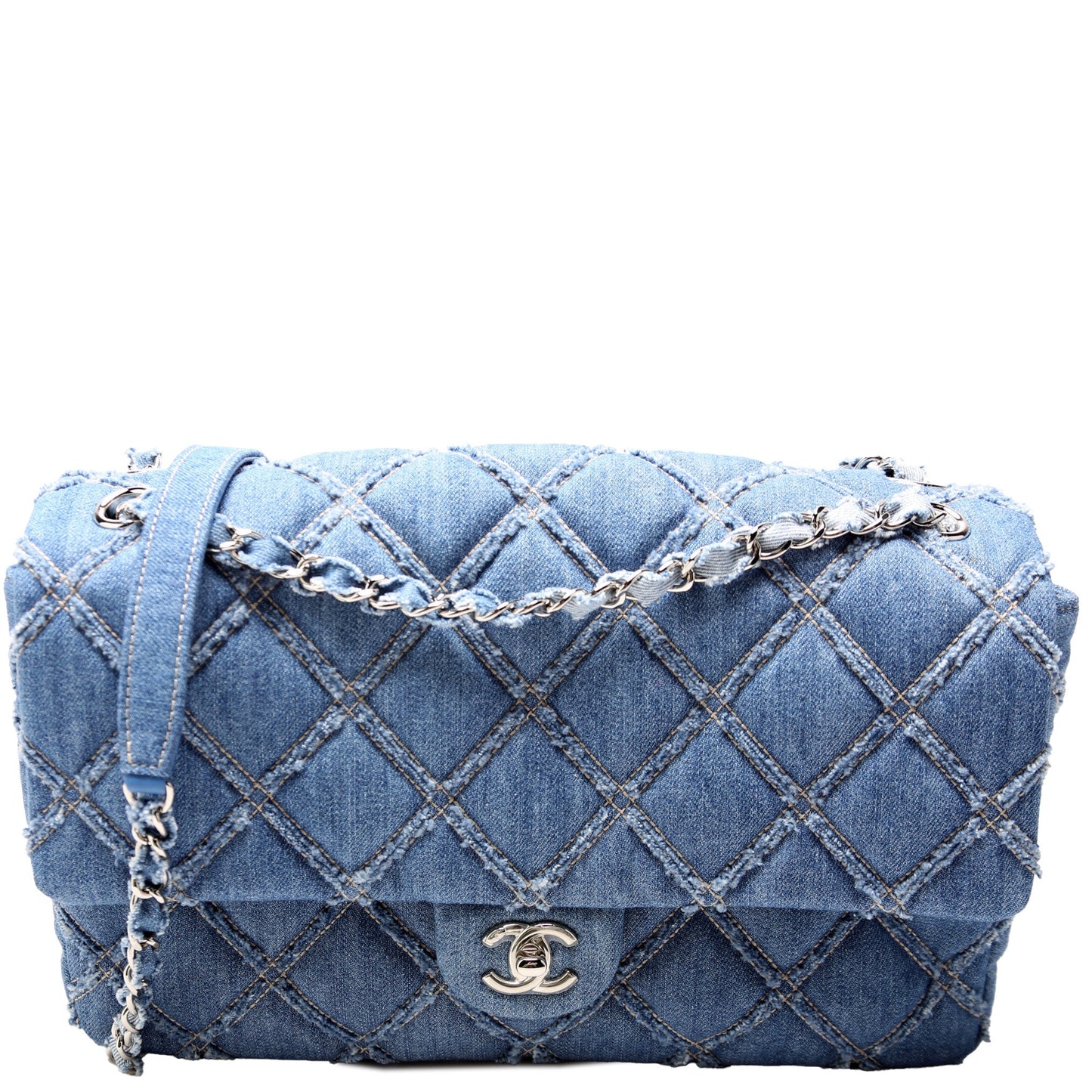 Chanel Chip Flap Frayed Denim 29M Blue Handbag