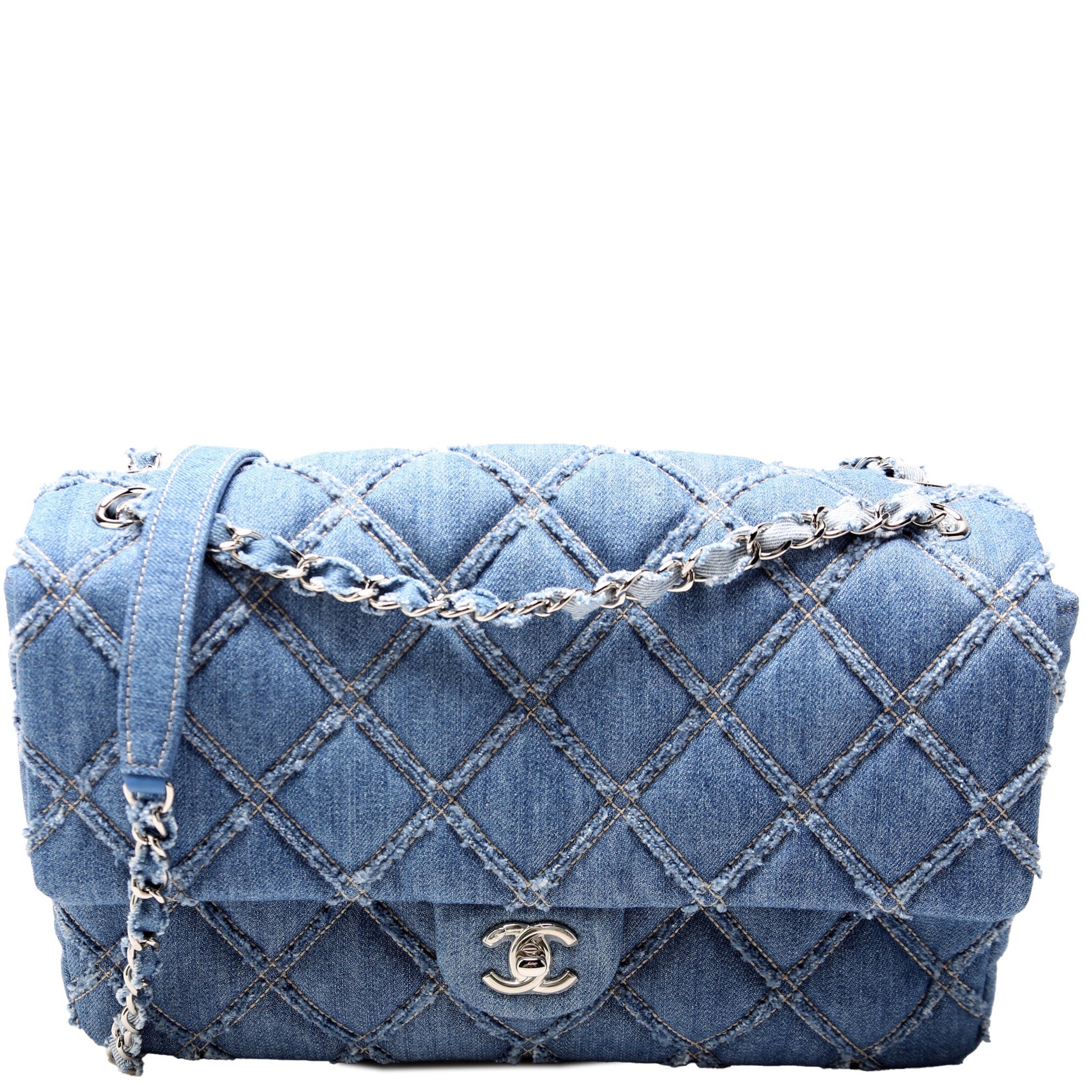 Chanel Chip Flap Frayed Denim 29M Blue Handbag