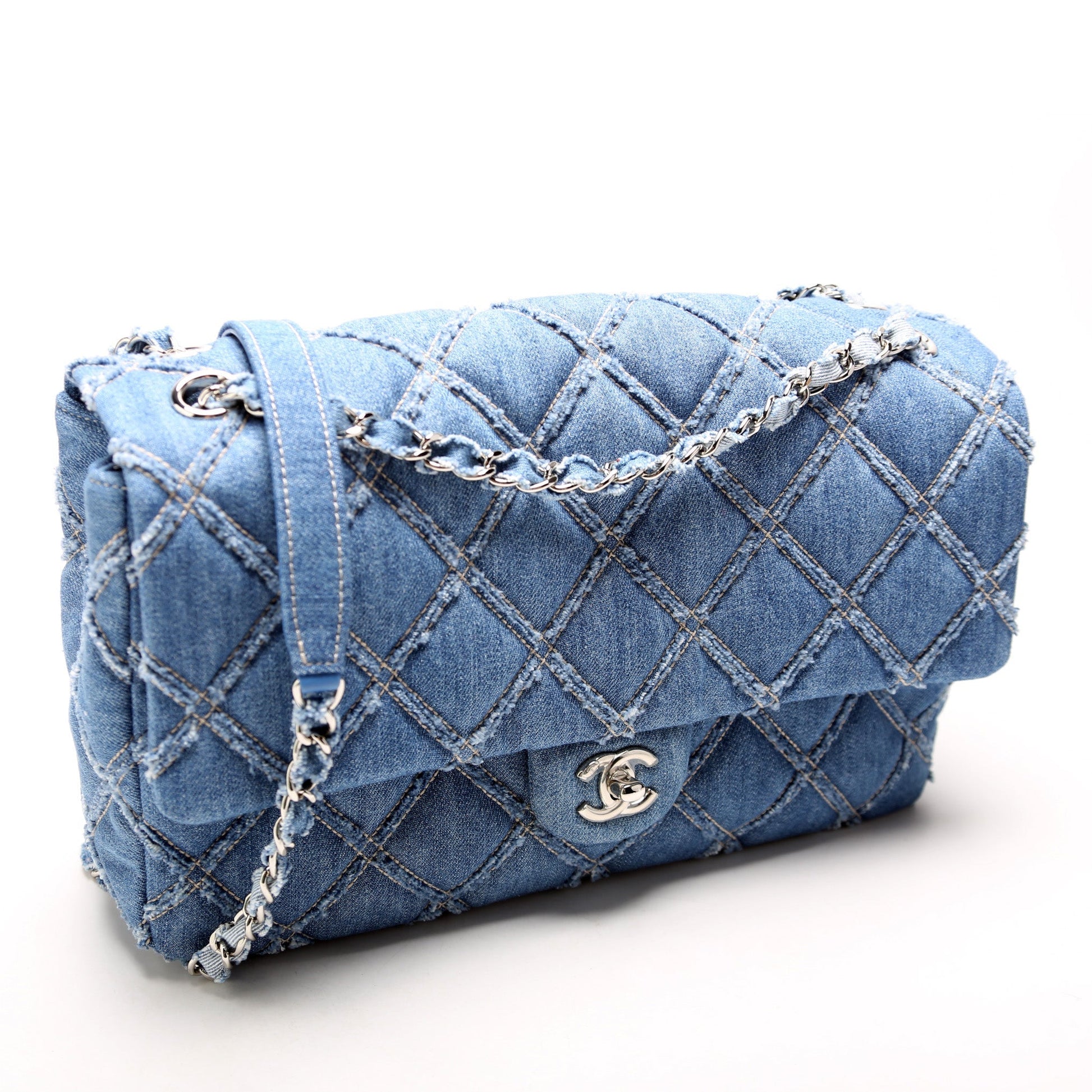 Chanel Chip Flap Frayed Denim 29M Blue Handbag