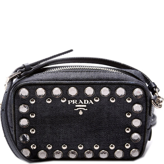 Prada Studded Embellished Camera Bag Denim Mini Travel Bag