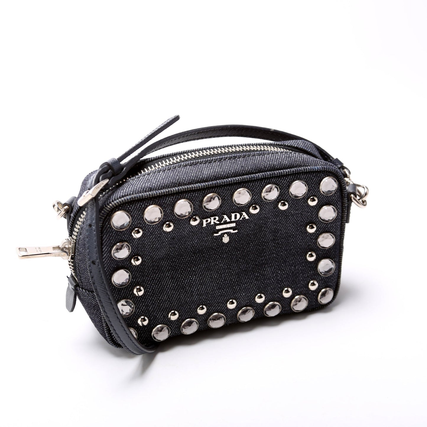 Prada Studded Embellished Camera Bag Denim Mini Travel Bag