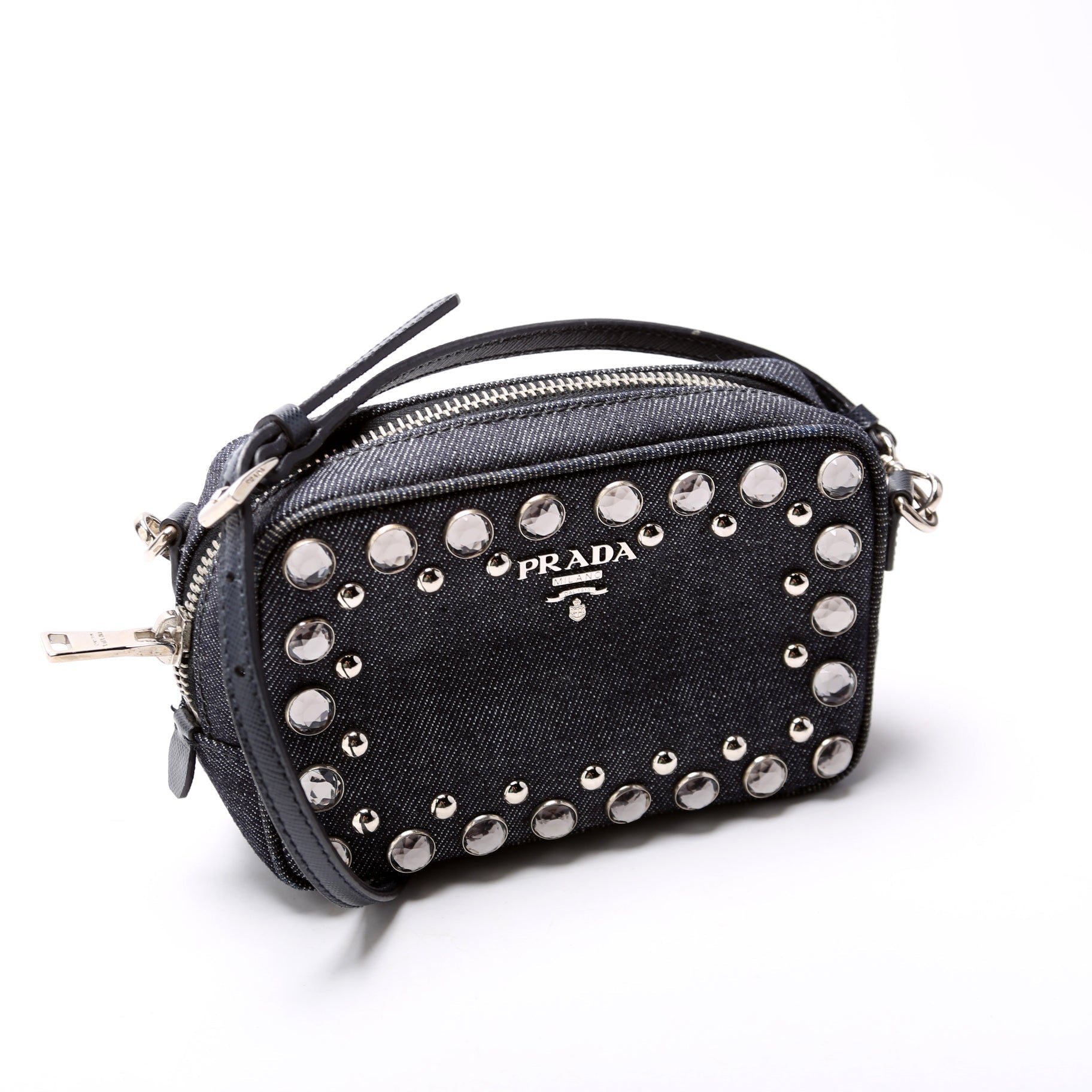 Prada Studded Embellished Camera Bag Denim Mini Travel Bag