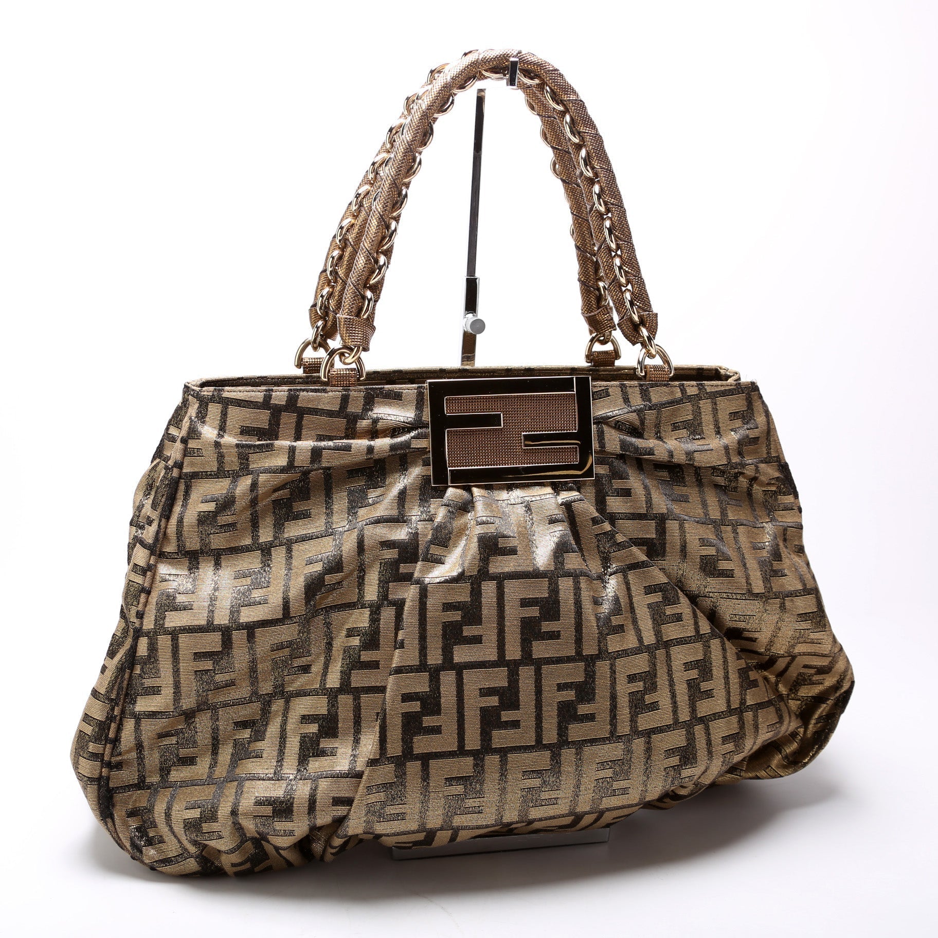 Fendi Mia Tote Metallic Zucca Bag Canvas Large Tote Bag