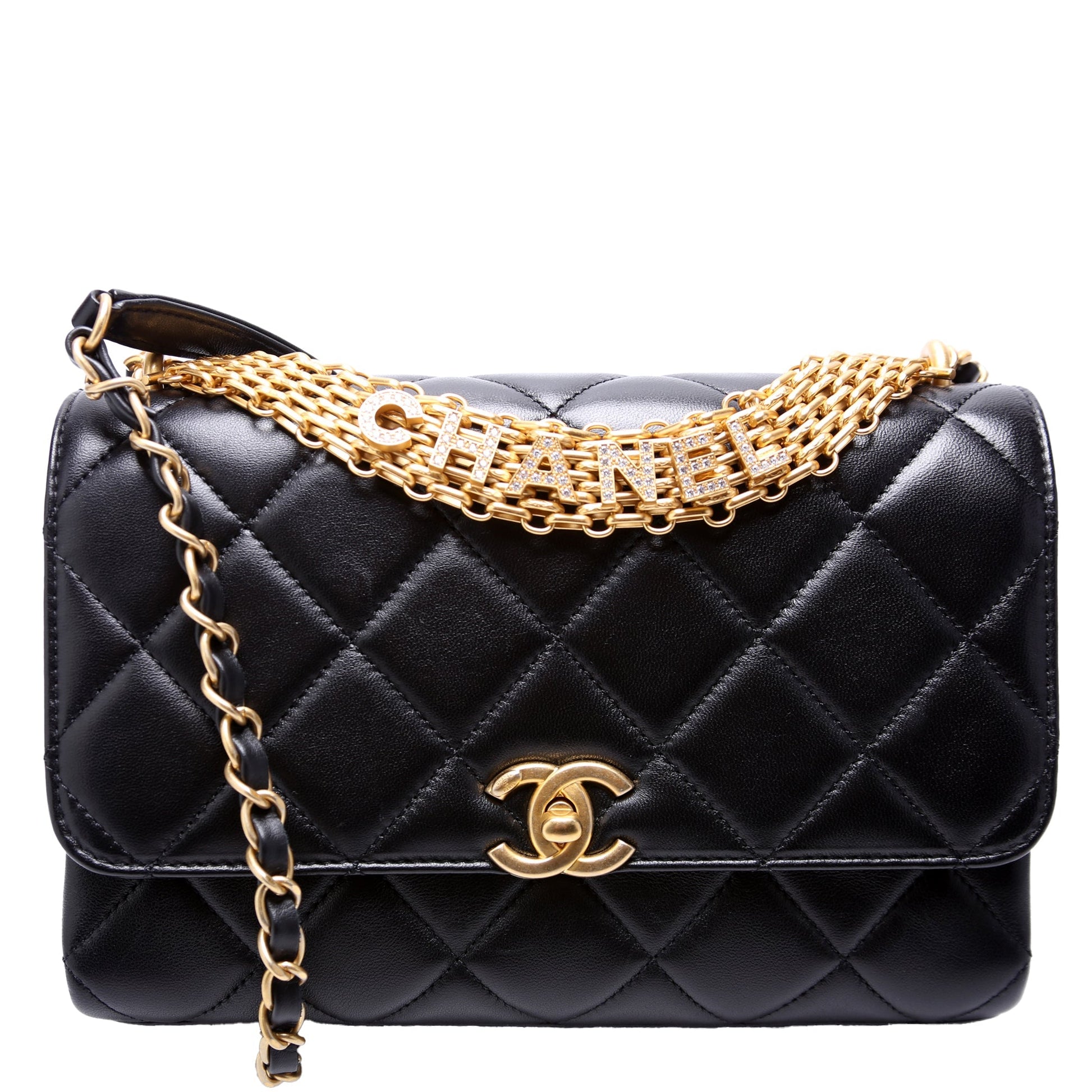 Chanel Crystal Logo Top Handle Flap Quilted Black Small Handbag