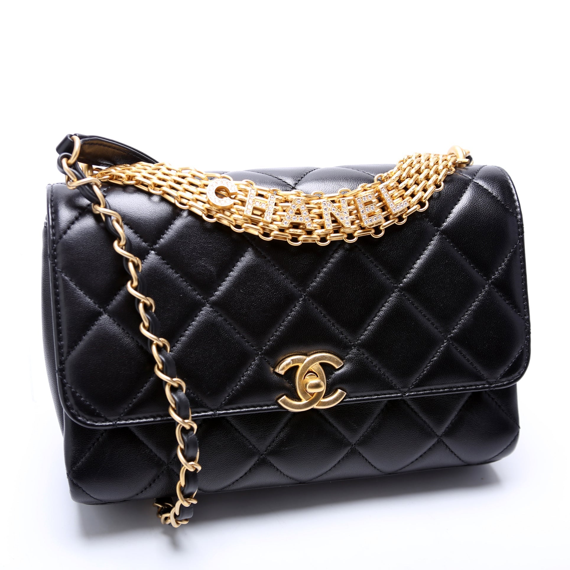 Chanel Crystal Logo Top Handle Flap Quilted Black Small Handbag