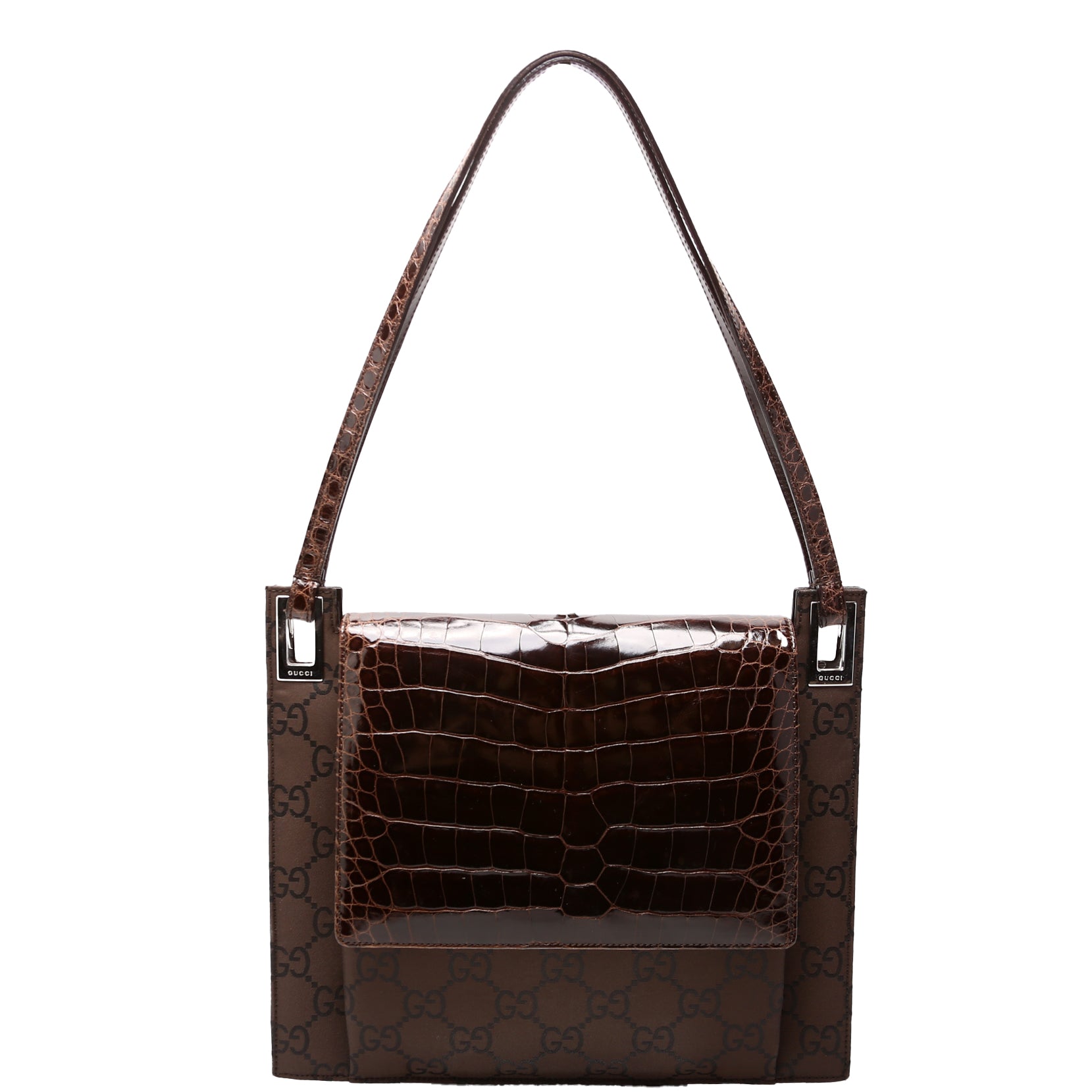Gucci 001- GG Embossed Nylon Croc Brown Flap Shoulder Bag