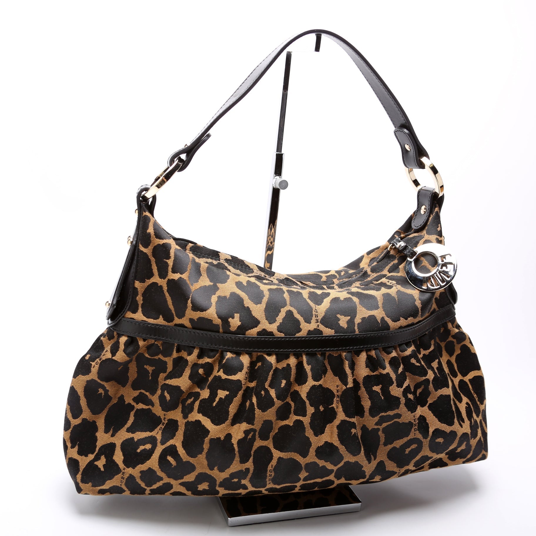 Fendi 8Br448 Leopard Chef Hobo Bag Black Brown