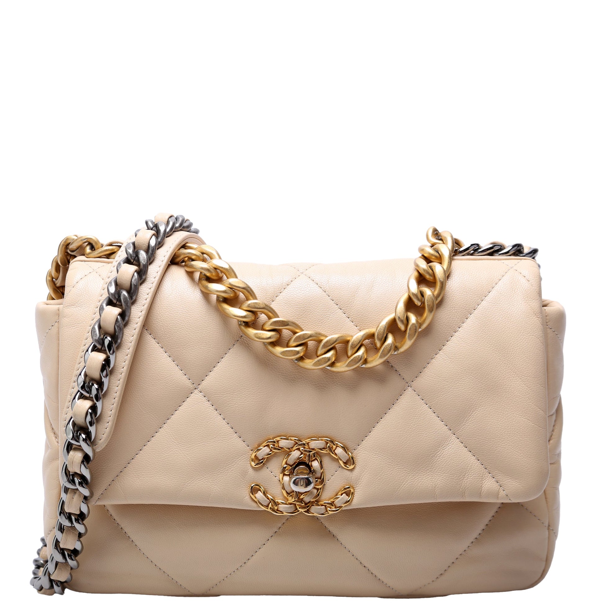 Chanel 19 Flap Quilted Goatskin 28M Beige Handbag