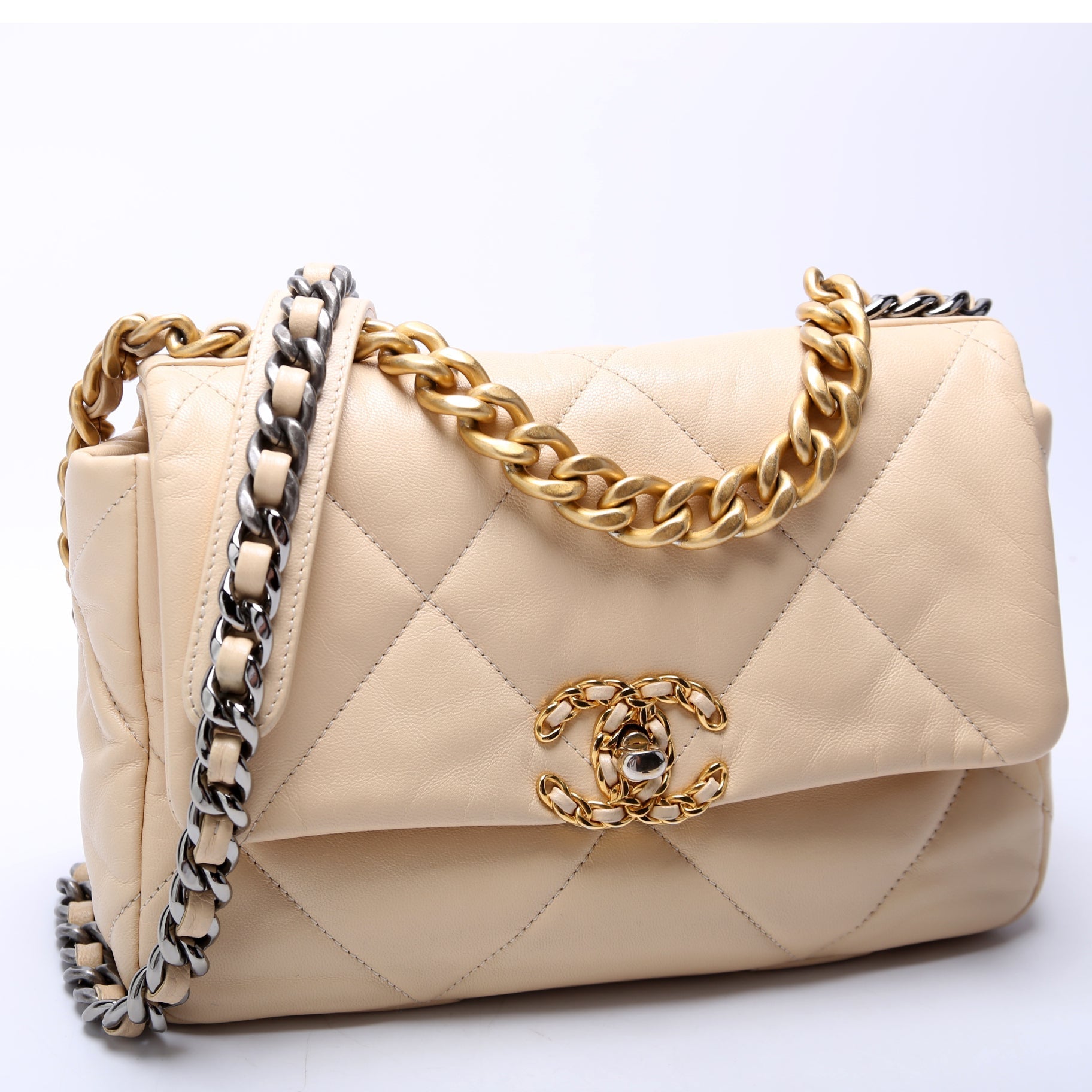Chanel 19 Flap Quilted Goatskin 28M Beige Handbag