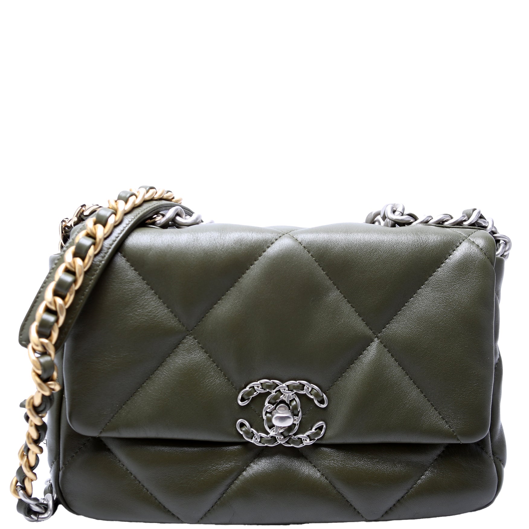 Chanel 19 Flap Quilted Goatskin 28M Green Handbag