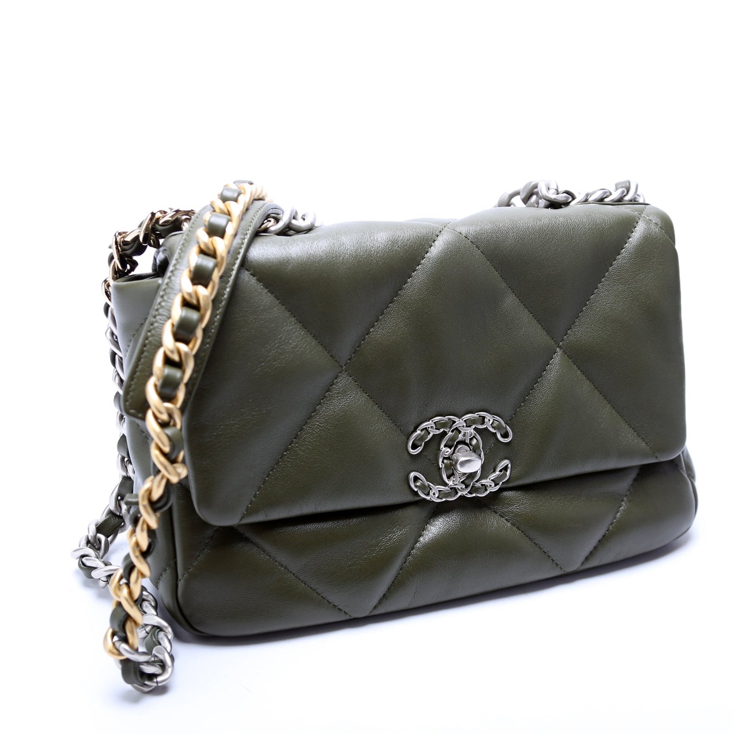 Chanel 19 Flap Quilted Goatskin 28M Green Handbag