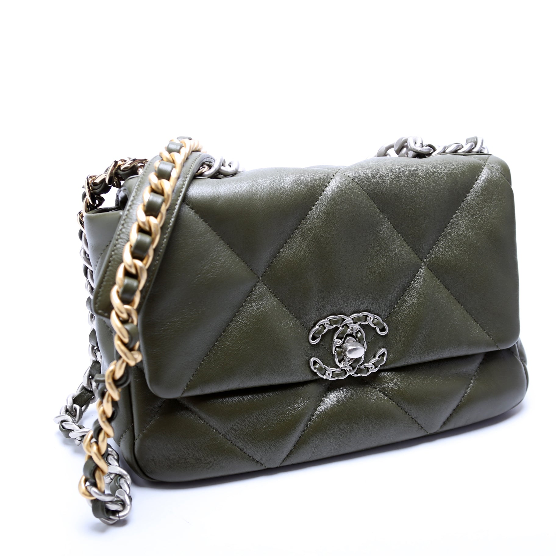 Chanel 19 Flap Quilted Goatskin 28M Green Handbag