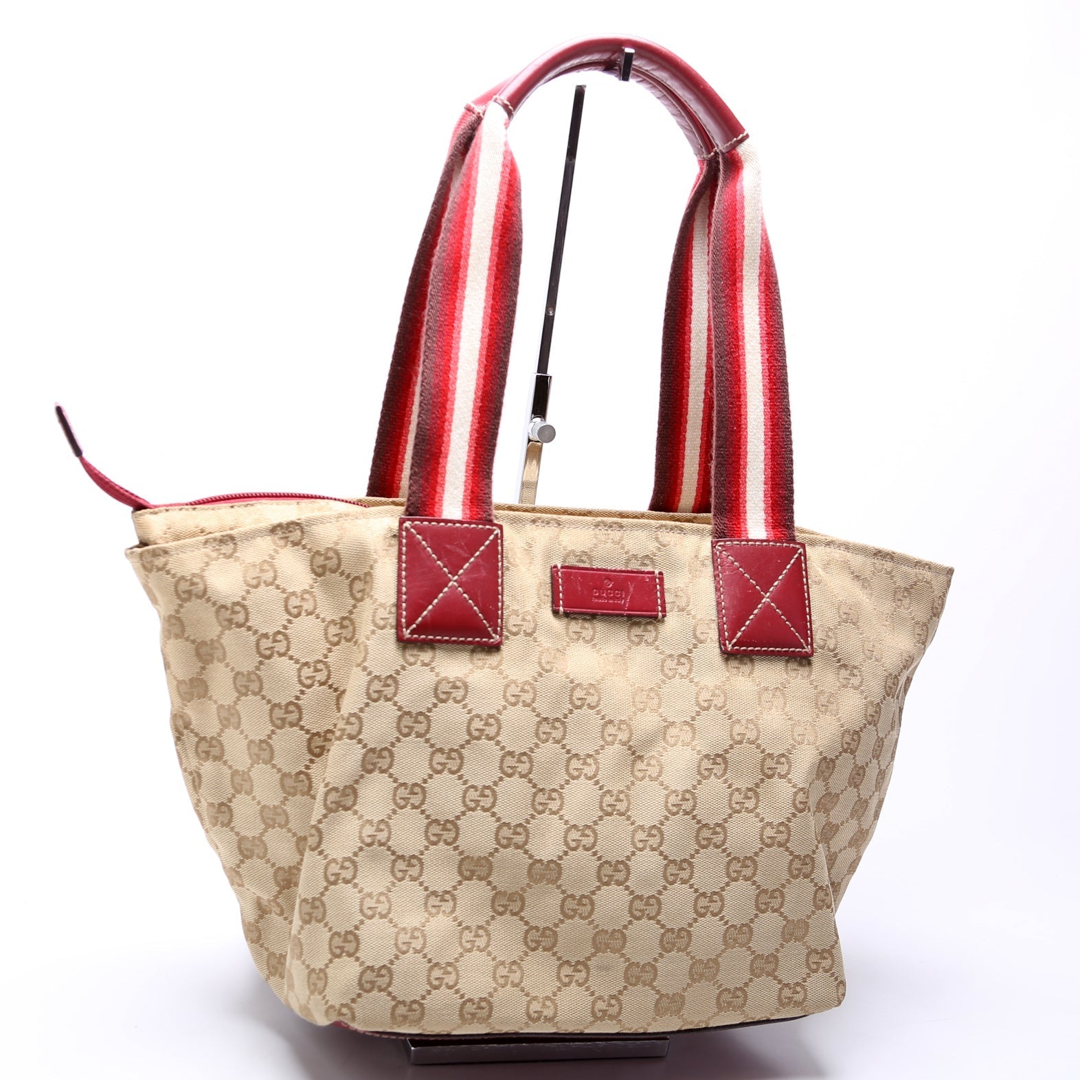 Gucci GG Web Canvas Red Bucket Tote Bag