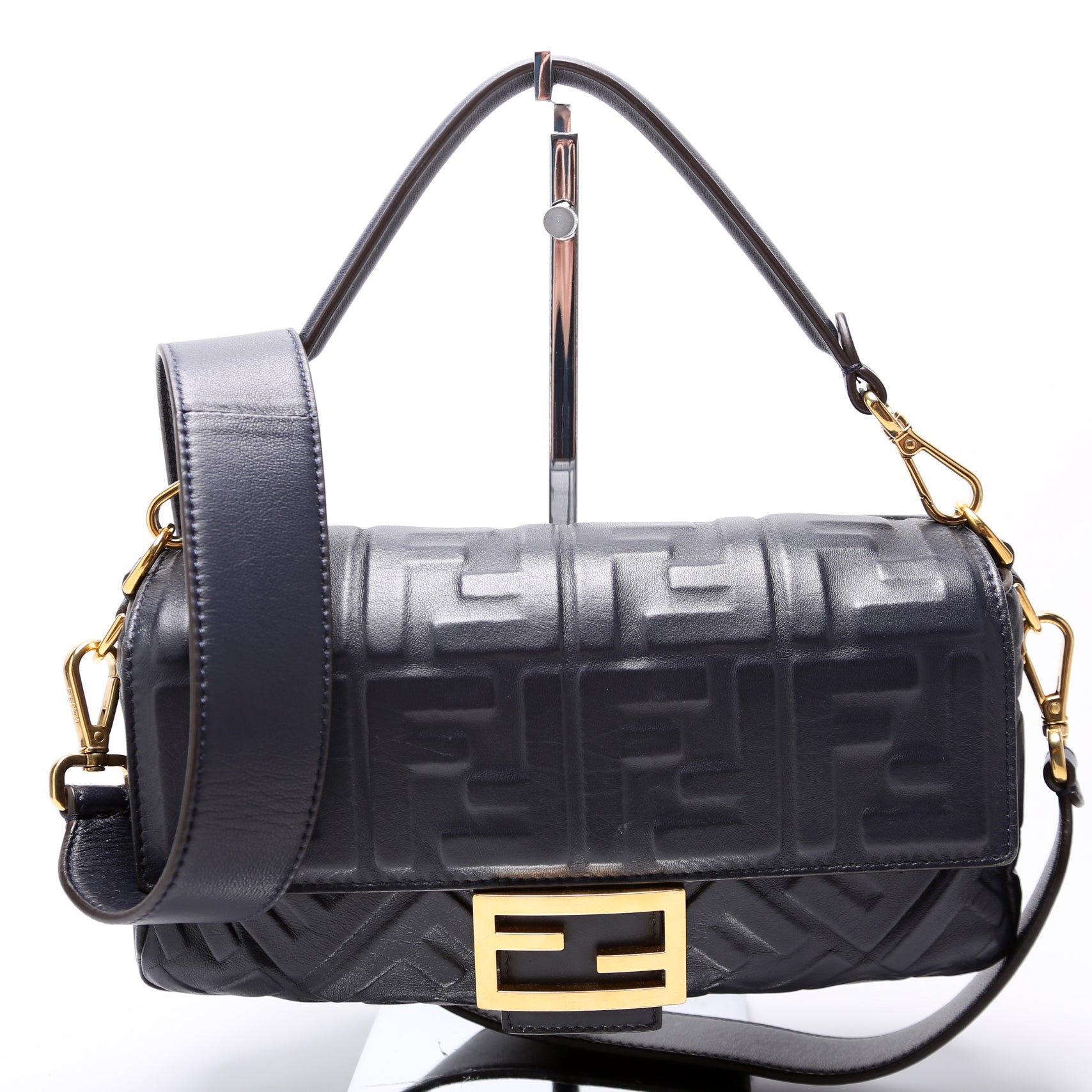Fendi Baguette Ff Nappa Bag Navy Embossed Shoulder Bag