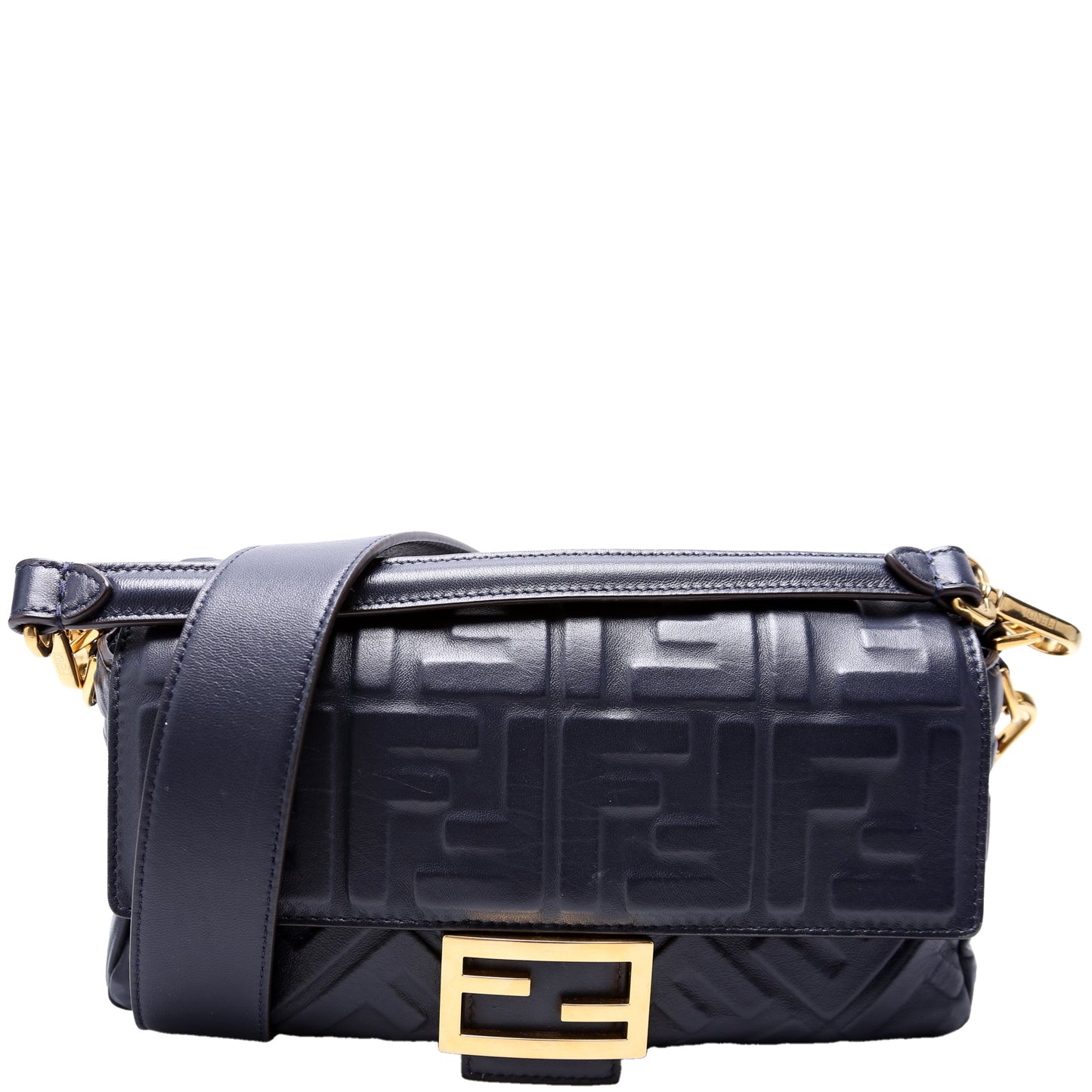 Fendi Baguette Ff Nappa Bag Navy Embossed Shoulder Bag