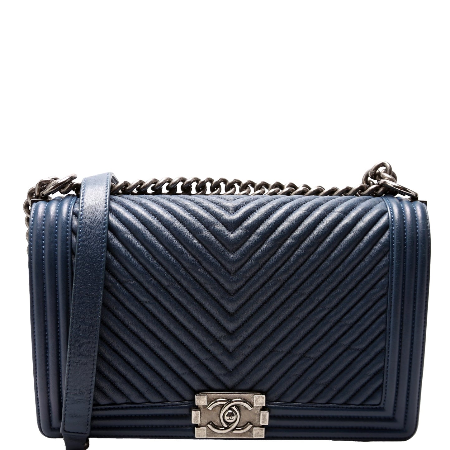 Chanel Boy Flap Crinkle Chevron 20M Blue Handbag