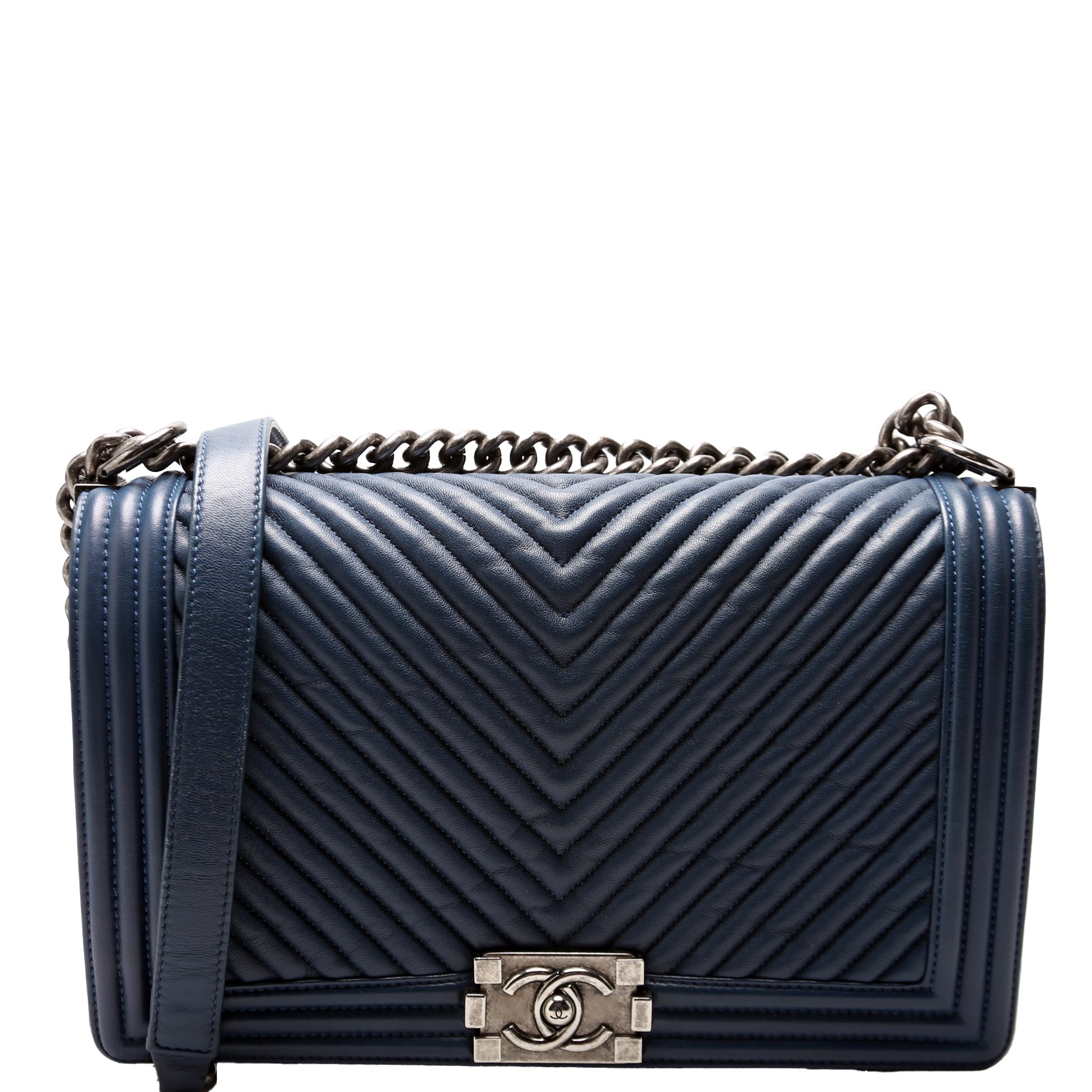 Chanel Boy Flap Crinkle Chevron 20M Blue Handbag