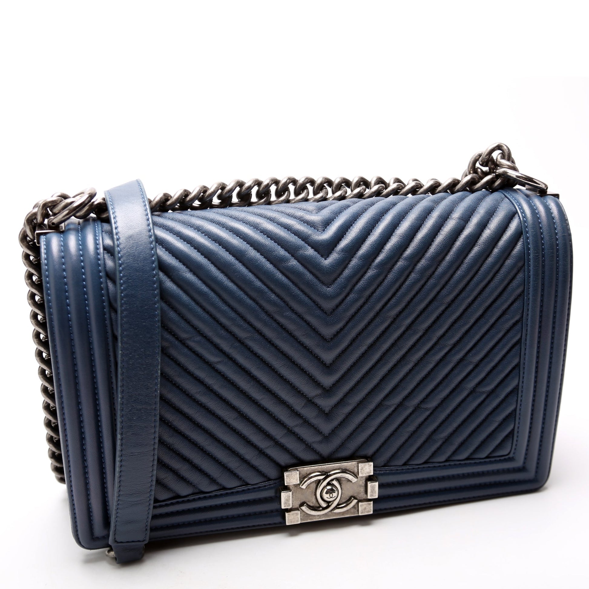 Chanel Boy Flap Crinkle Chevron 20M Blue Handbag
