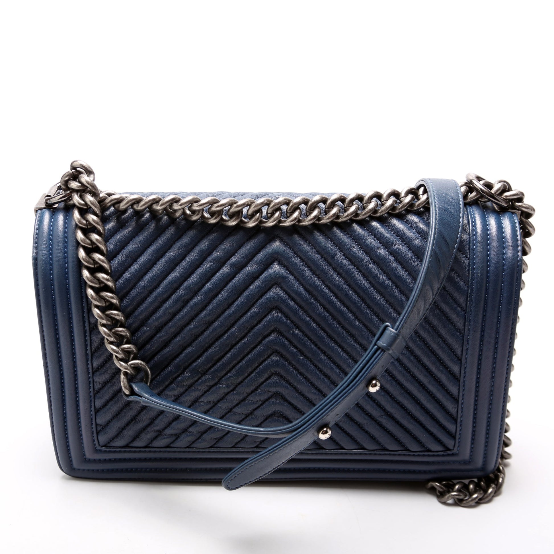 Chanel Boy Flap Crinkle Chevron 20M Blue Handbag