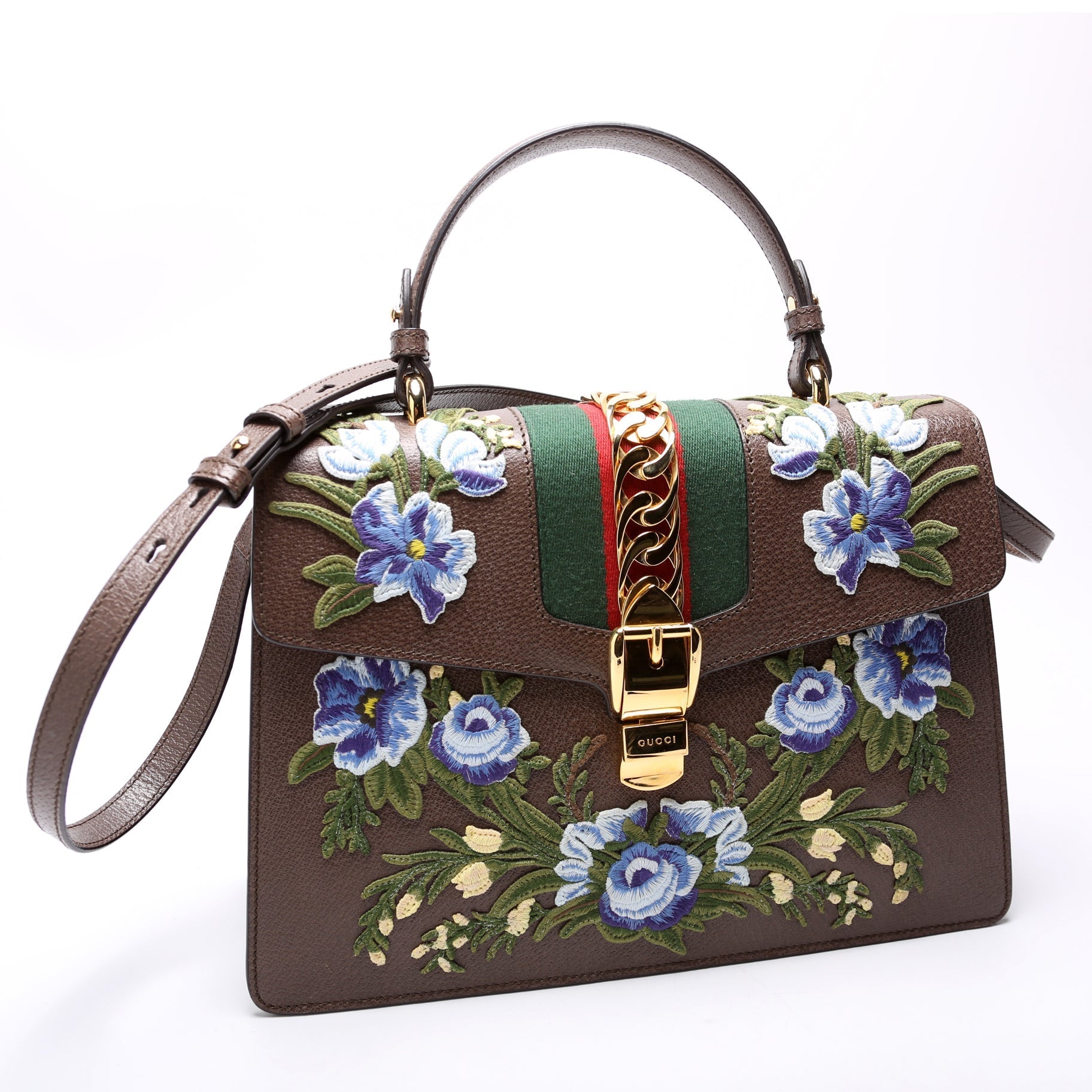 Gucci Sylvie Embroidered Calfskin Brown Medium Top Handle Handbag