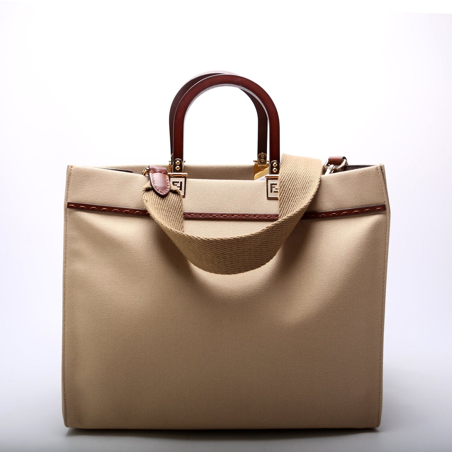 Fendi 8Bh386 Sunshine Shopper Bag Canvas Tan Medium Travel Bag
