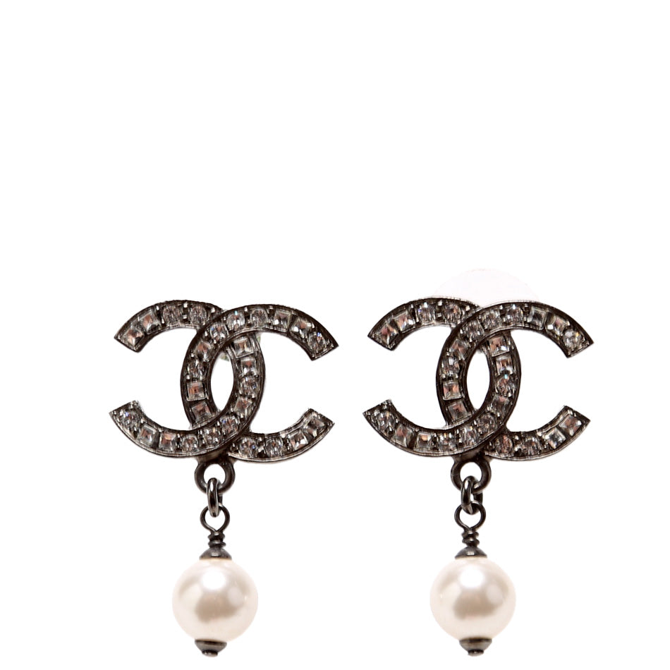 Chanel CC Crystal Faux Pearl Drop Earrings Gunmetal/Pearl