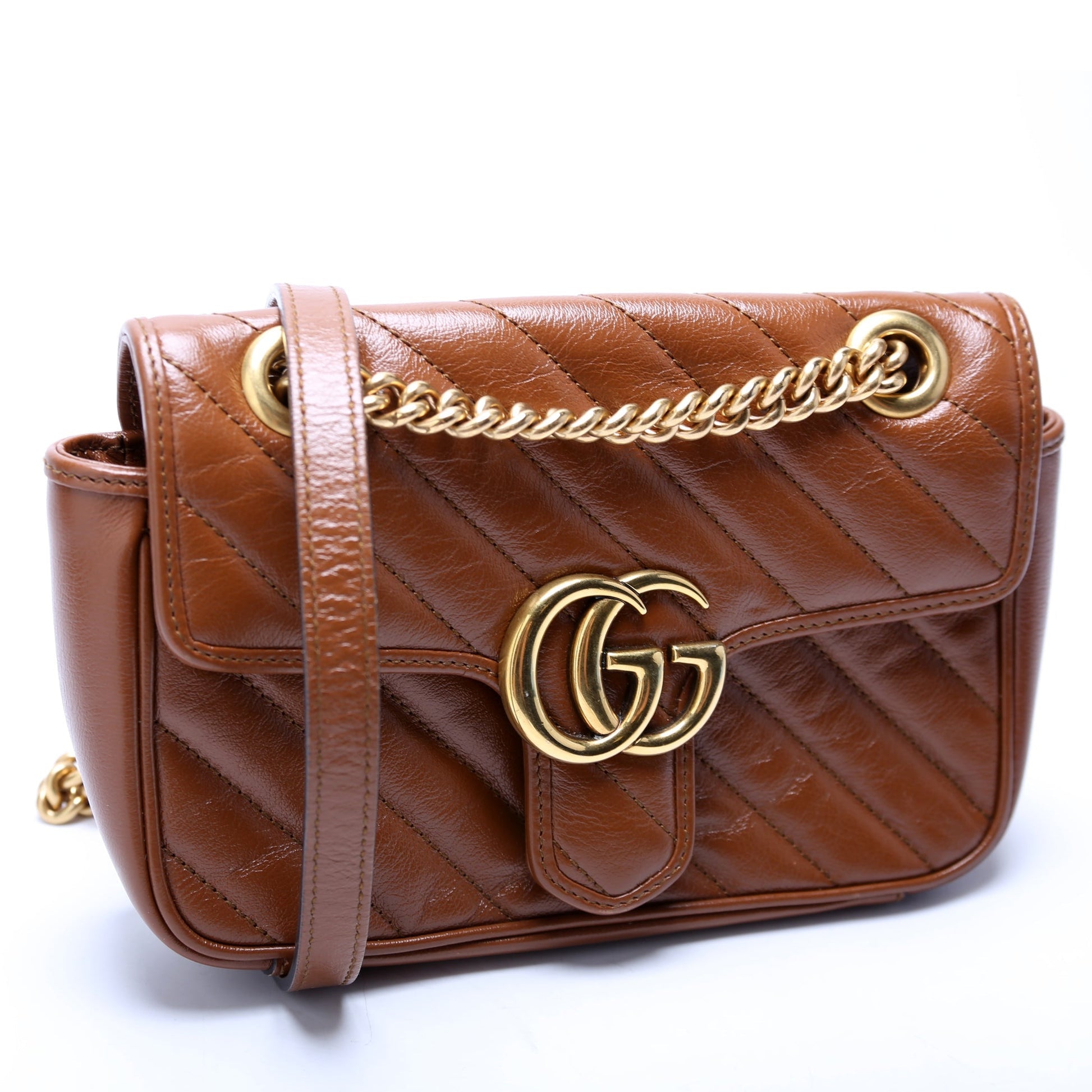 Gucci Marmont Diag Leather Brown Mini Flap Shoulder Bag