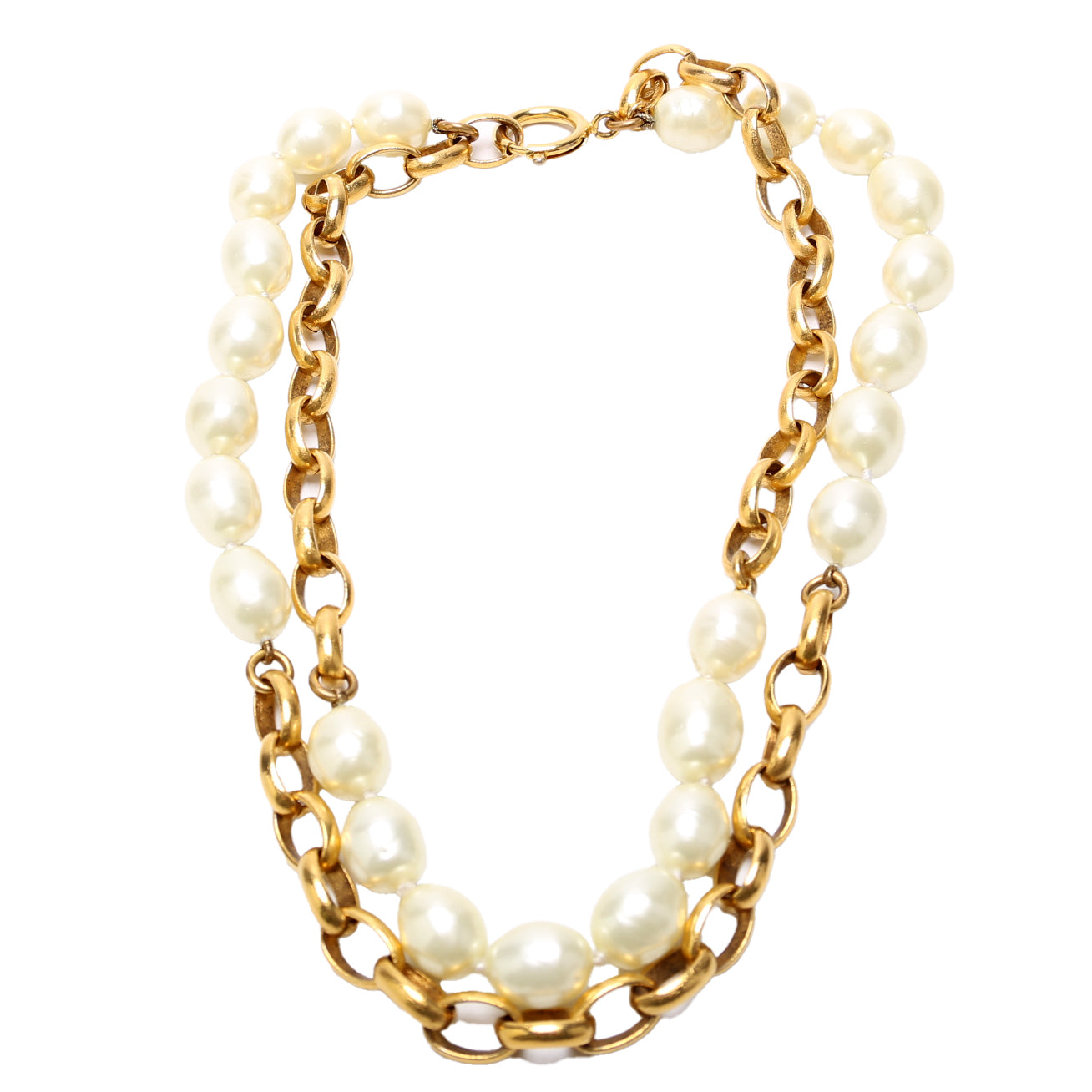 Chanel Faux Pearl/Chain 2-Row   Necklace Gold/Pearl